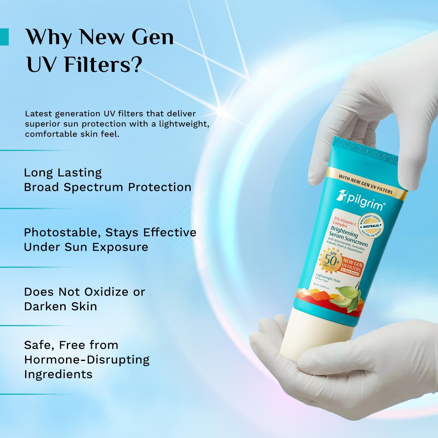 Pilgrim 5% Vitamin C Brightening Serum Sunscreen SPF 50+ PA++++ with Niacinamide & Glutathione | InVivo Tested New Gen UV Filters Broad Spectrum Sun Protection Gel | No White Cast - 50 ml thumbnail