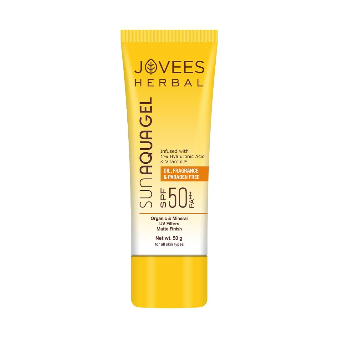 Jovees Herbal Sun Aqua Gel Sunscreen SPF 50 PA+++ | Lightweight, Water-Like Texture | 1% Hyaluronic Acid | Non-Greasy, No White Cast | Perfect for Oily & Combination Skin | 50g