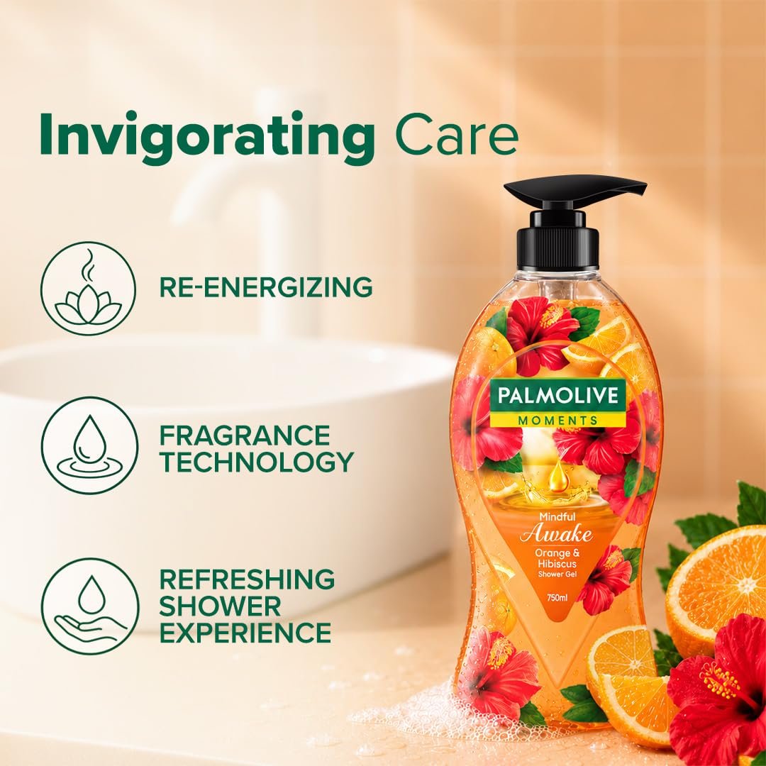 Palmolive Mindful Awake Body Wash, 750ml Shower Gel Single Pump Bottle, 100% Natural Orange & Hibiscus Extracts, pH Balanced Bodywash, Free of Parabens & Silicones thumbnail