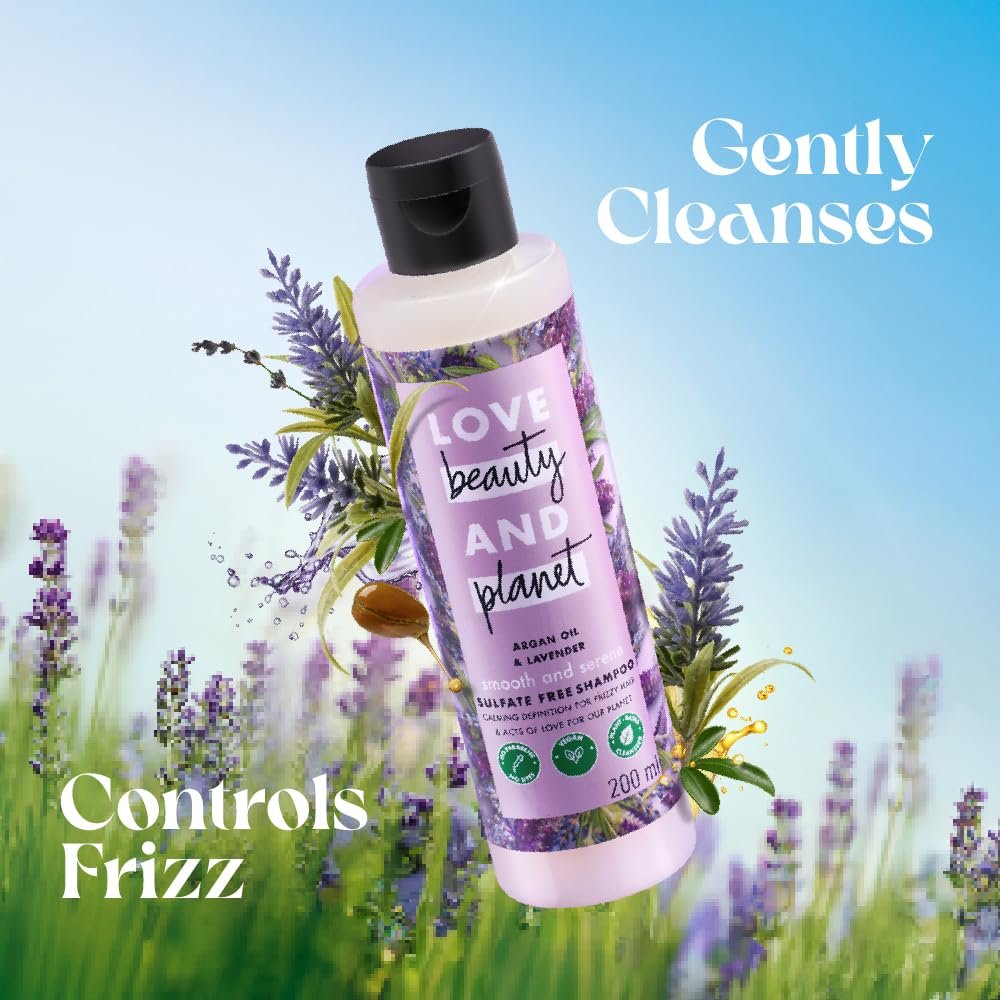 Love Beauty & Planet Argan Oil & Lavender Smooth and Serene Shampoo | Sulfate-Free Formula for Smooth, Soft & Manageable Hair | No Parabens, No Dyes | 200ml    Make the shampoo title more ma thumbnail