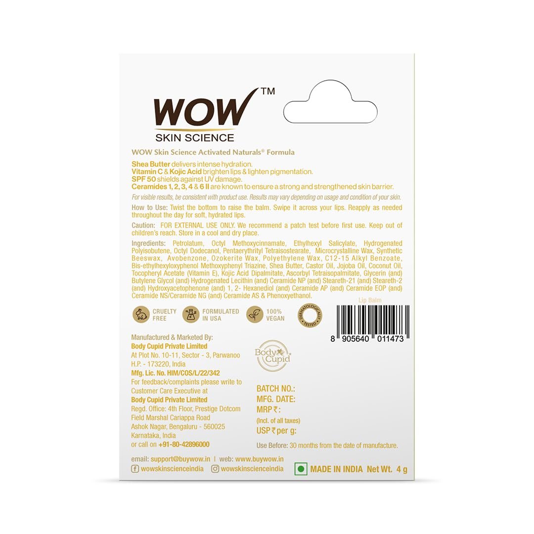 WOW Skin Science Shea Butter & Ceramides Repairing Lip Balm With Spf 50 Brightening Lip Balm For Pigmentation | With Vitamin C & Kojic Acid | 4G Brown thumbnail