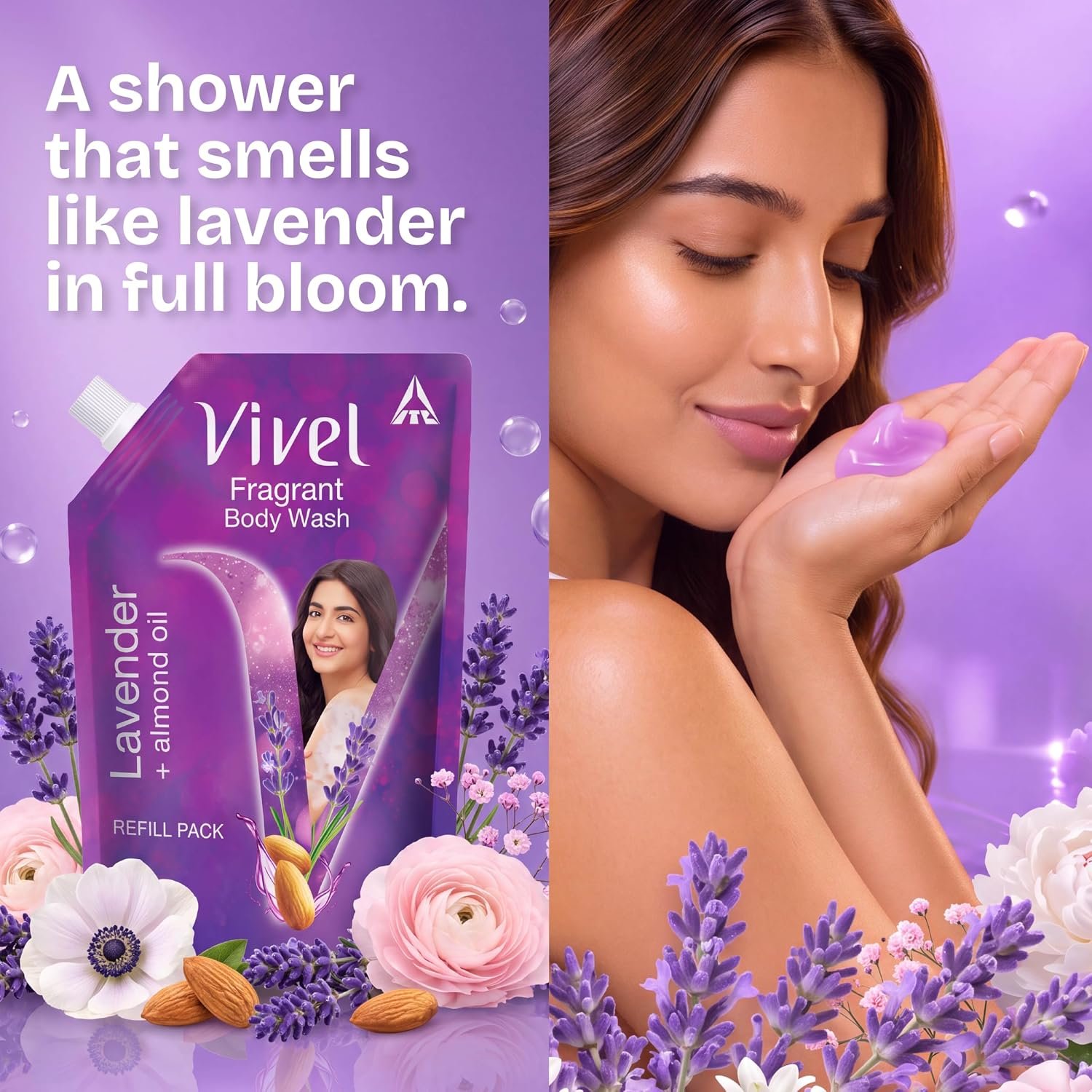 Vivel Lavender & Almond Oil Moisturizing Body Wash | Quick Wash-Off Formula for Soft, Smooth & Nourished-Looking Skin | Daily Body Cleanser | 350ml thumbnail