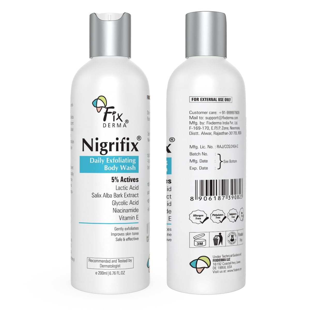 Fixderma Nigrifix Exfoliating Body Wash with 5% Actives (Lactic Acid, Glycolic Acid, Niacinamide Acid & Vitamin E) | Gentle Exfoliating Shower Gel |  Body Wash Shower Gel- 200ml thumbnail