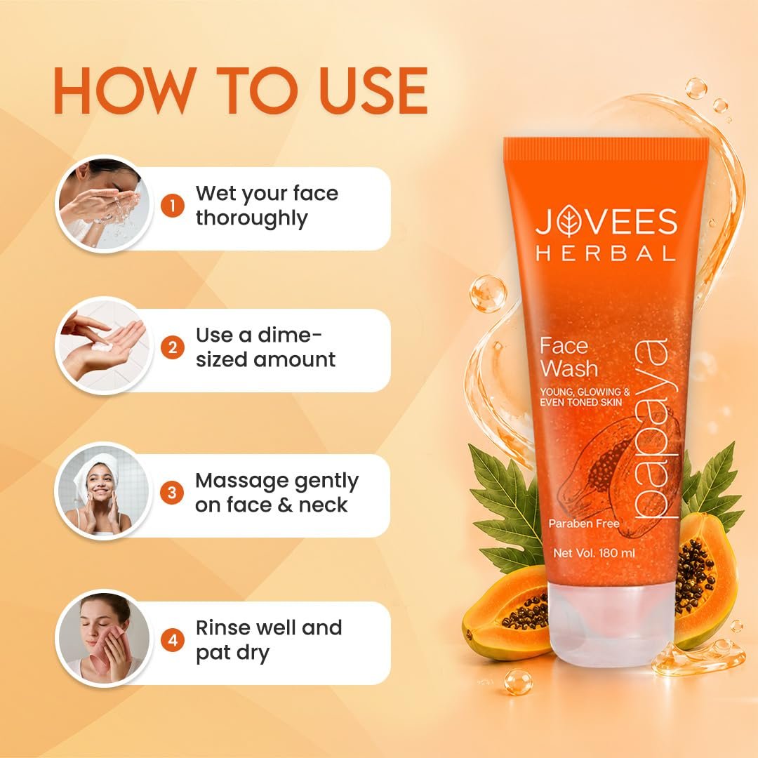Jovees Herbal Papaya Face Wash For Glowing and Clear Skin with Papaya & Bilberry Ext | Gentle Cleanser For Brightens Skin, Removes Pigmentation & Dark Spots | For All Skin Types - 180ml thumbnail