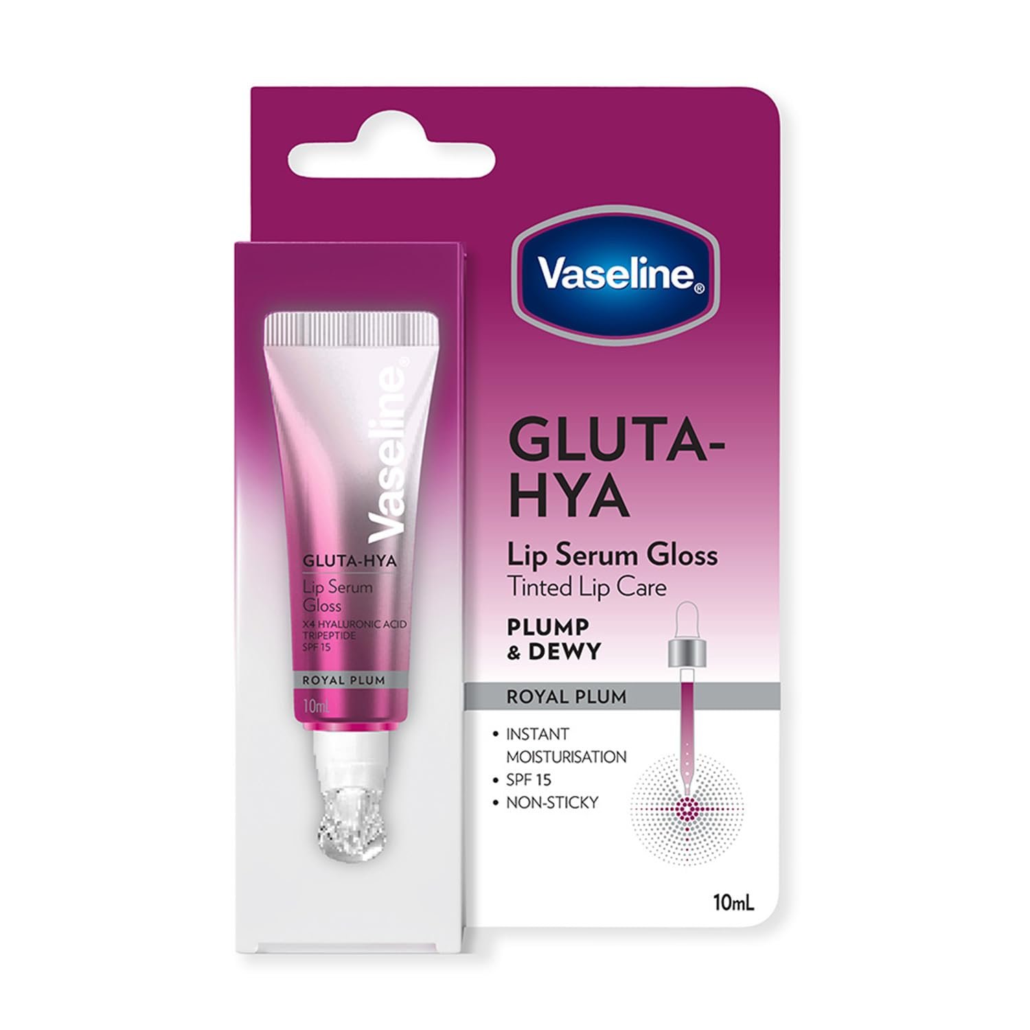 Vaseline Gluta-Hya Royal Plum Lip Gloss, Serum Lip Care with Hyaluronic Acid and GlutaGlow Technology, Tints, Plumps and Protects with SPF15, for Plumper Lips | 10 ml thumbnail