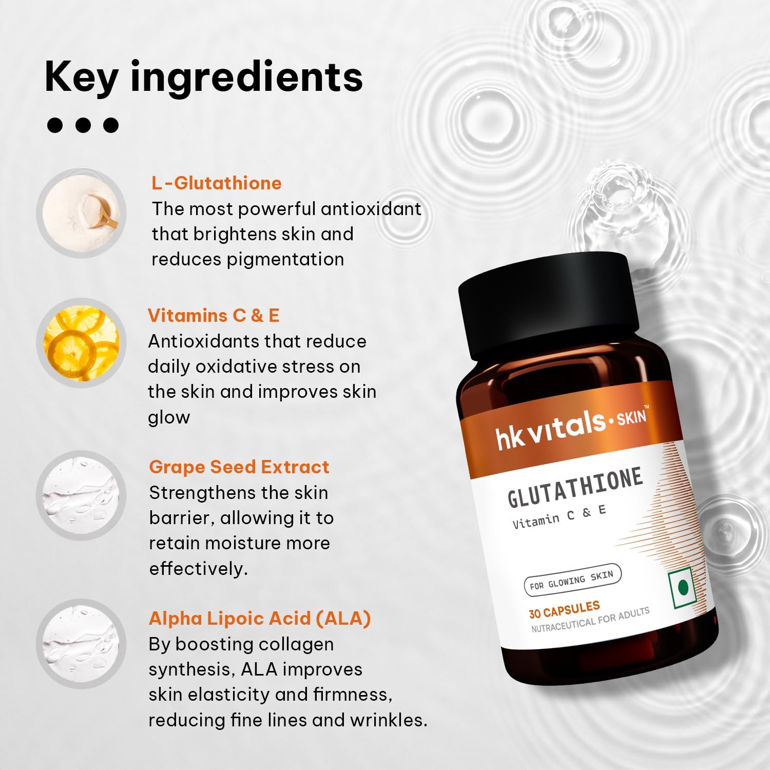 hk vitals Glutathione, 30 Veg Capsules With Vitamin C, E & Biotin | For Skin Glow and Hydration thumbnail