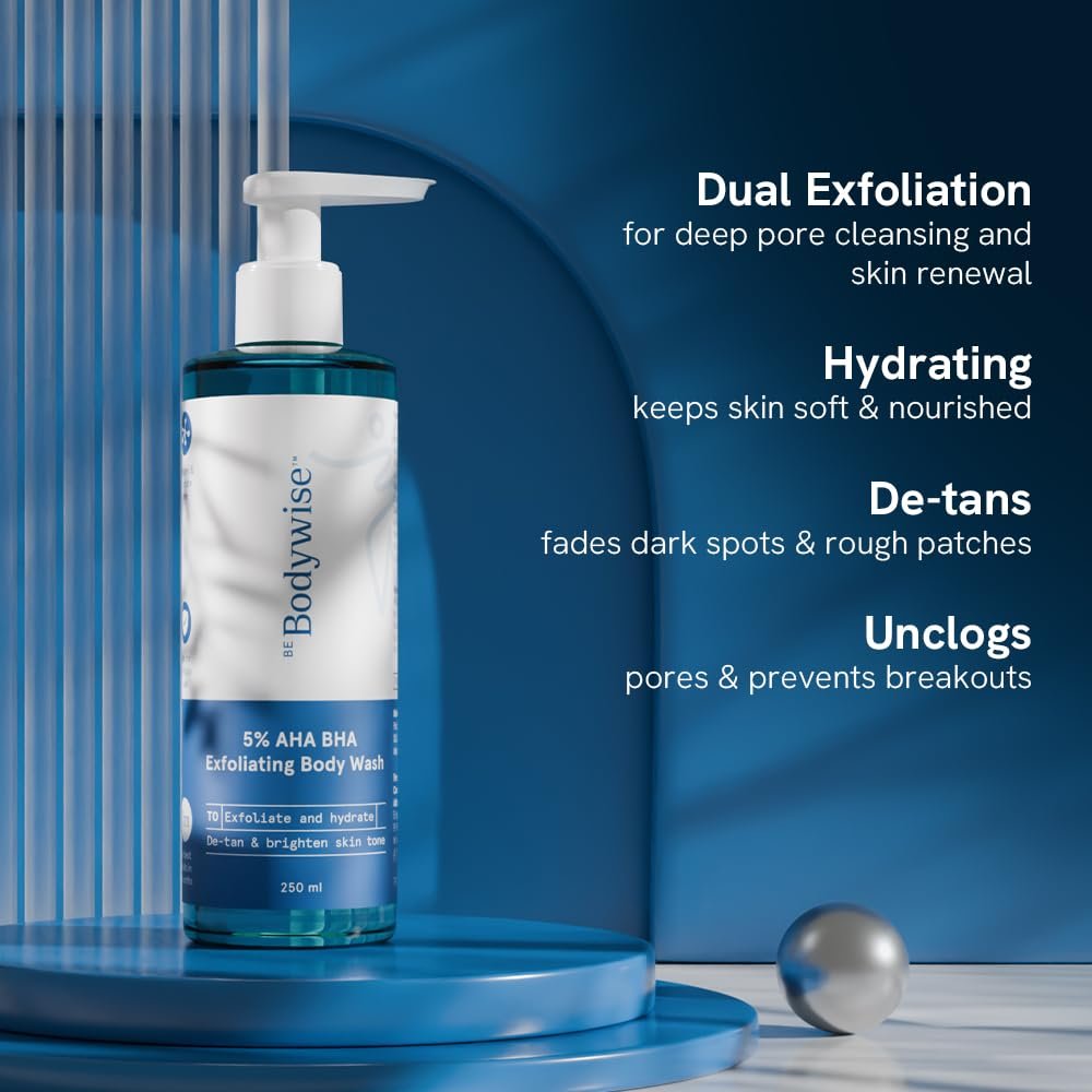 Be Bodywise 5% AHA BHA De-Tan Exfoliating Body Wash 250ml | For Body Acne, Strawberry Skin, De-Tan | Infused with 3% Lactic Acid, 1% Salicylic Acid, 1% Glycolic Acid | thumbnail