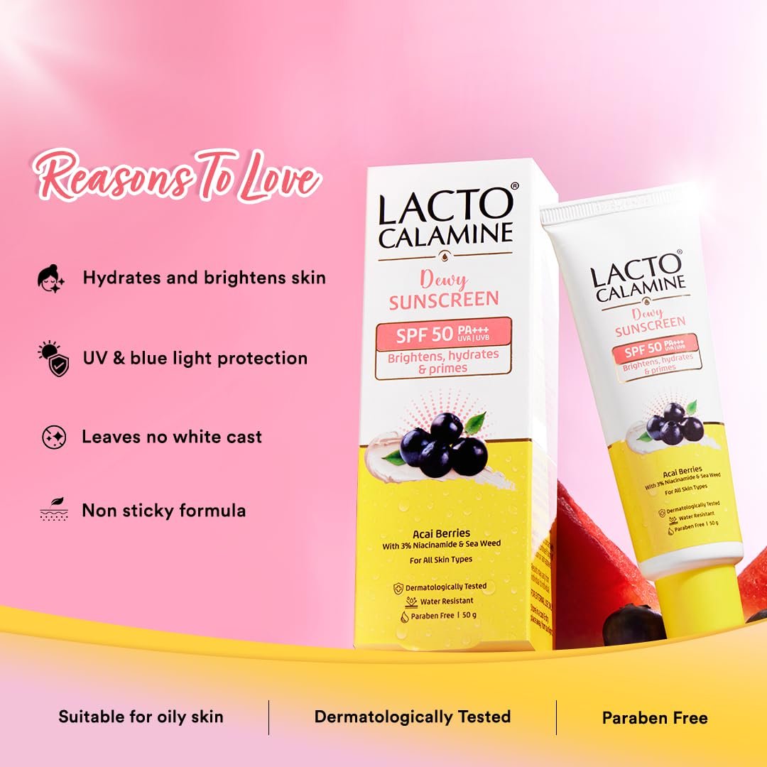 Lacto Calamine Dewy Glow Lightweight Sunscreen SPF 50 PFA +++ UVA & UVB Protection-Oily Skin | Acai Berries, Niacinamide & Watermelon | Dermatologically Tested | 50g thumbnail