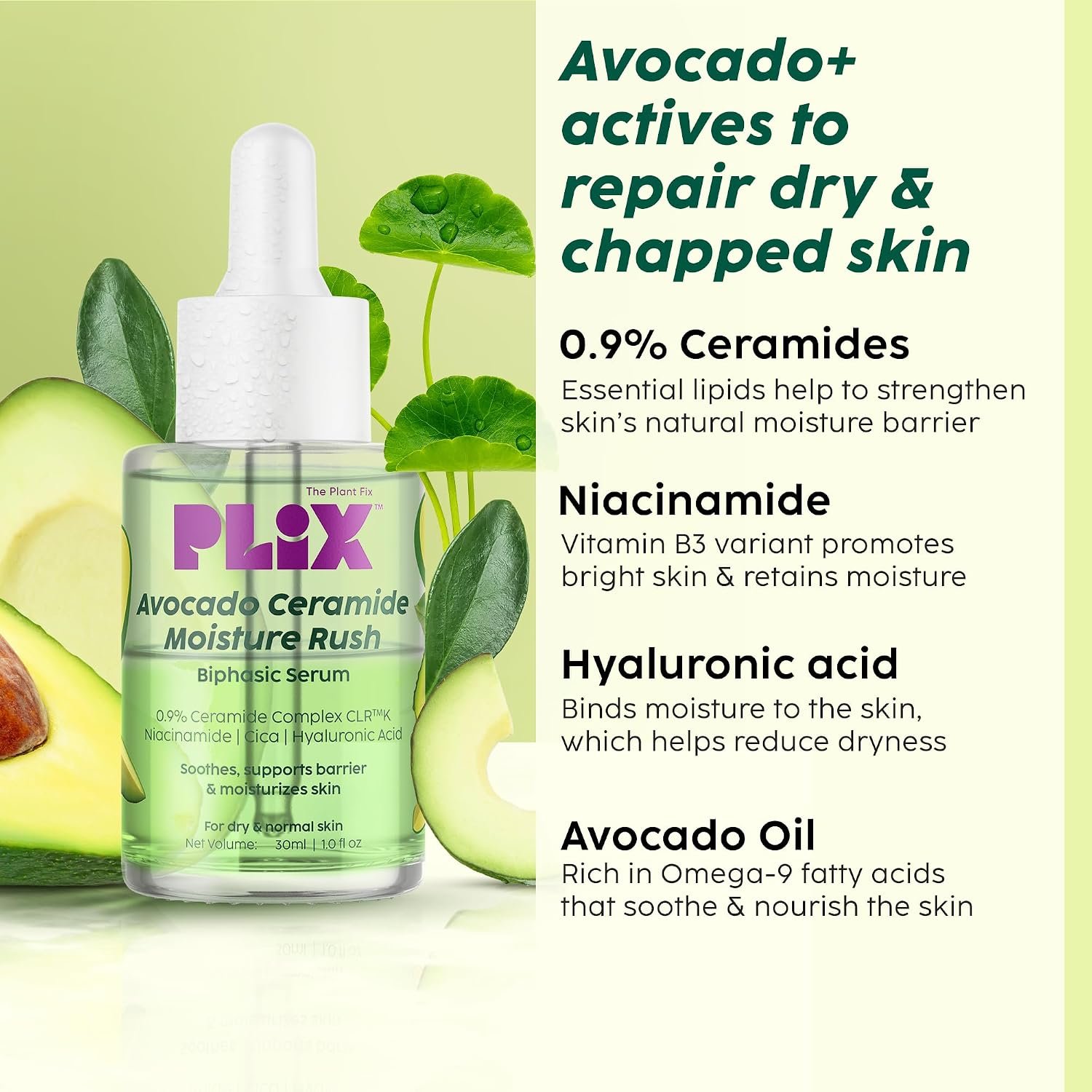 PLIX - THE PLANT FIX Avocado Ceramide Moisture Rush Biphasic Serum| For Deep Nourishment & Strengthened Skin Barrier| For Dry Skin, Normal Skin & Sensitive Skin| 30ml thumbnail