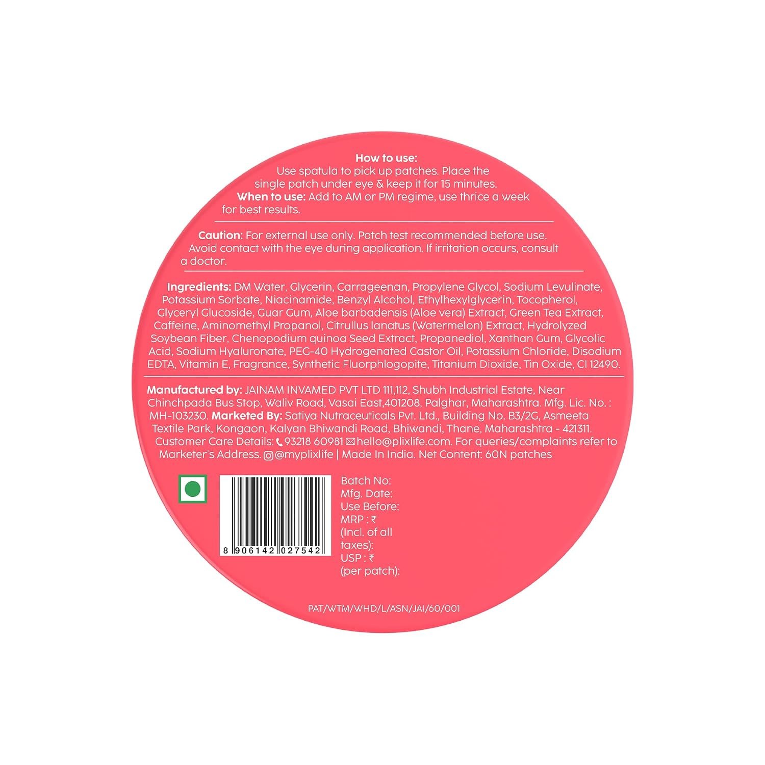 PLIX - THE PLANT FIX Watermelon Hydrogel Under Eye Patches for Dark Circles & Puffiness Reduction | Caffeine & Hyaluronic Acid | Eye Patches | Instantly Hydrates, Cools & De-Puffs | 14 Patch thumbnail