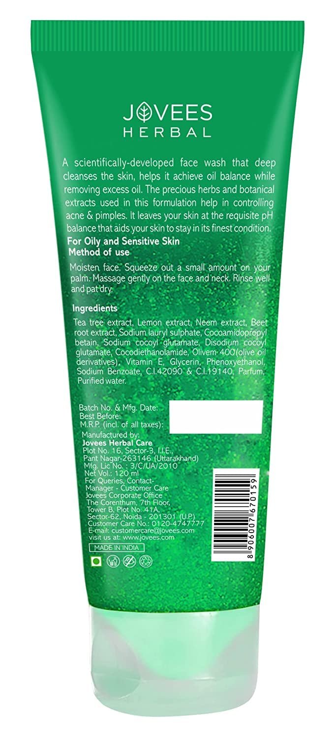 Jovees Herbal Tea Tree Oil Control Face Wash for Oily & Sensitive Skin | Paraben & Alcohol-Free, Controls Oil, Prevents Breakouts , Remove Dead Skin | Gentle Cleanser For All Skin | 120ml thumbnail