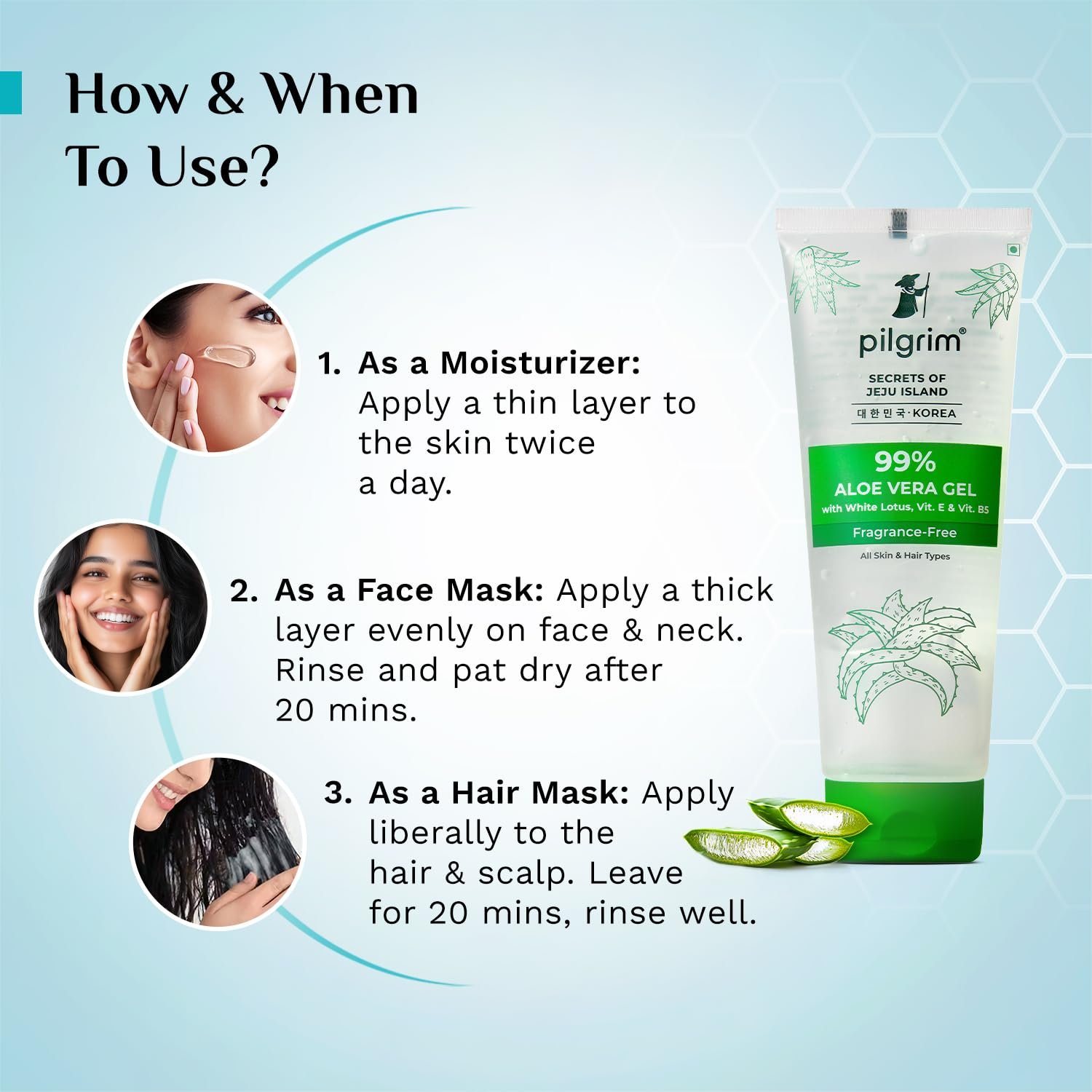 PILGRIM Korean 99% Pure Aloe Vera Gel 200ml with Vitamin E & Vitamin B5 for Face & Hair | Hydrates & Soothes Skin | Conditions & Softens Hair thumbnail
