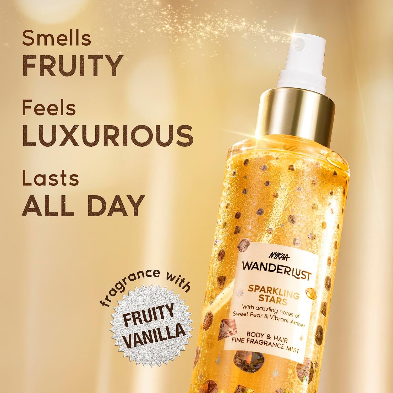 Nykaa Wanderlust Sparkling Stars Fruity Vanilla Perfume Body & Hair Mist, Notes of Fruity Vanilla, Pear & Amber, 8 Hrs Long-Lasting Everyday Fragrance, 200 ml thumbnail