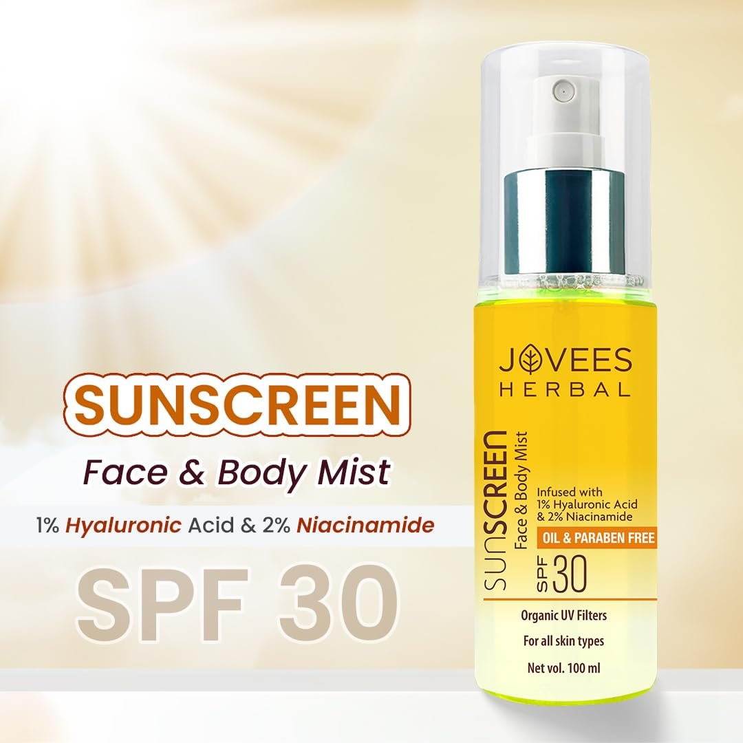 Jovees Herbal Sunscreen Mist SPF 30 – Broad Spectrum Protection For Face & Body with 1% Hyaluronic Acid & 2% Niacinamide | Lightweight & Non-Sticky | Quick Absorbing & Makeup Friendly 100ml thumbnail