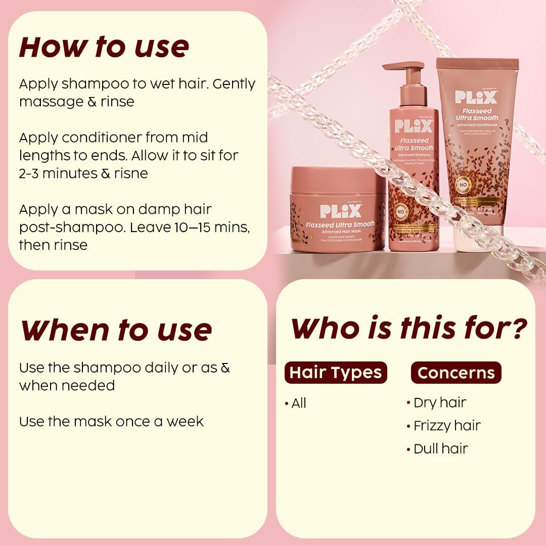PLIX THE PLANT FIX Flaxseed Keratin Smoothening Mask, Shampoo & Conditioner | Plant Keratin PF | Flaxseed Oil | Softer, Smoother Hair | Pack of 3 | 200gm + 200ml + 175ml | thumbnail