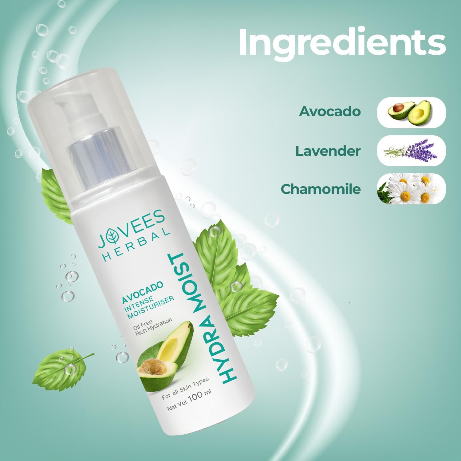 JOVEES Herbal Hydra Intense Moisturiser For Glowing & Hydrating Skin With Avocado And Chamomile Extract | Lightweight And Non Greasy Lotion | For All Skin Types- 100ml thumbnail