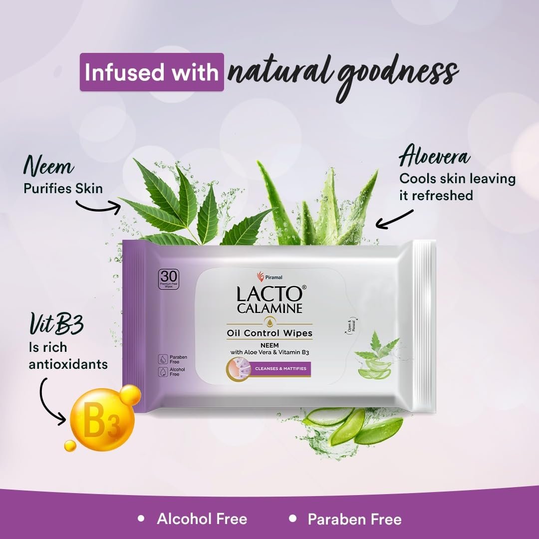 Lacto Calamine Oil Control Face Wipes 30N each- Pack of 3 | Makeup Remover Wipes | Wet Tissue for Face With Neem, Aloe Vera & Niacinamide | thumbnail