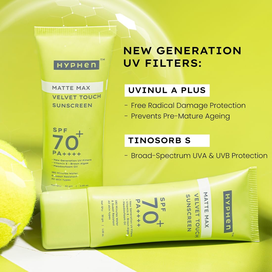Hyphen Matte Max Velvet Touch Sunscreen Spf 70+ Pa++++|Sun Protection|Sun Shield|Moisturizes And Soothes Skin|12 Hrs Uva-Uvb Protection|Sunscreen Spf No White Cast, Combination -30G thumbnail