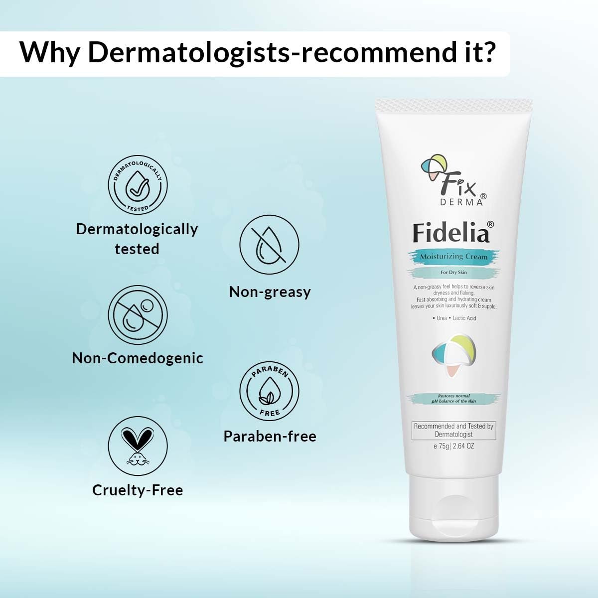Fixderma Fidelia Moisturizing cream | Daily Moisturizer for Dry & chapped skin | Provides Hydration and Moisturization, Non-Comedogenic & Non-Greasy formulation - 75 gm thumbnail