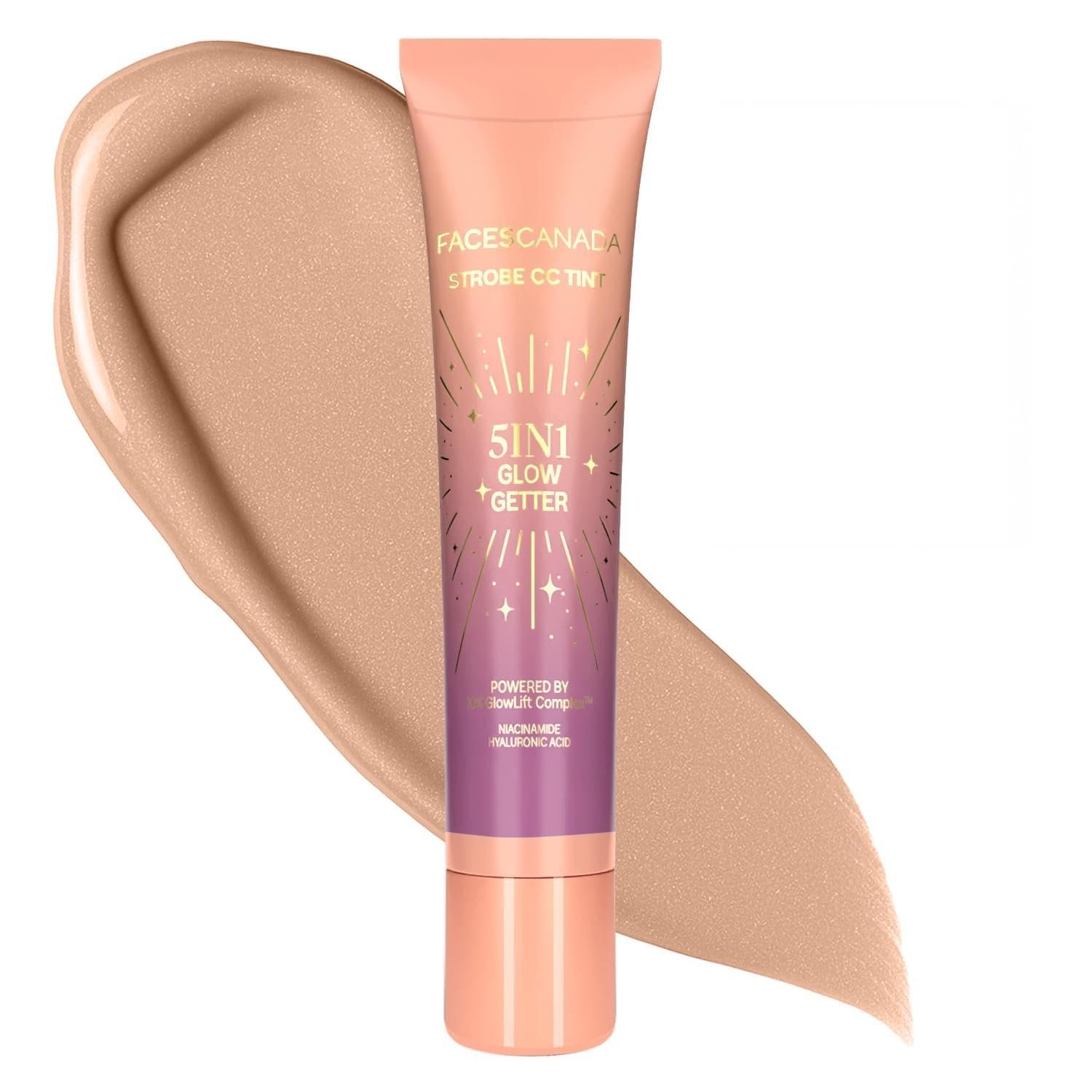 FACES CANADA Strobe CC Tint Mini - Sunset Glaze 02, 18ml | 5-in-1 Serum + Moisturizer + Primer + BB/CC Cream + Strobe Cream |    For Light to Medium Skin