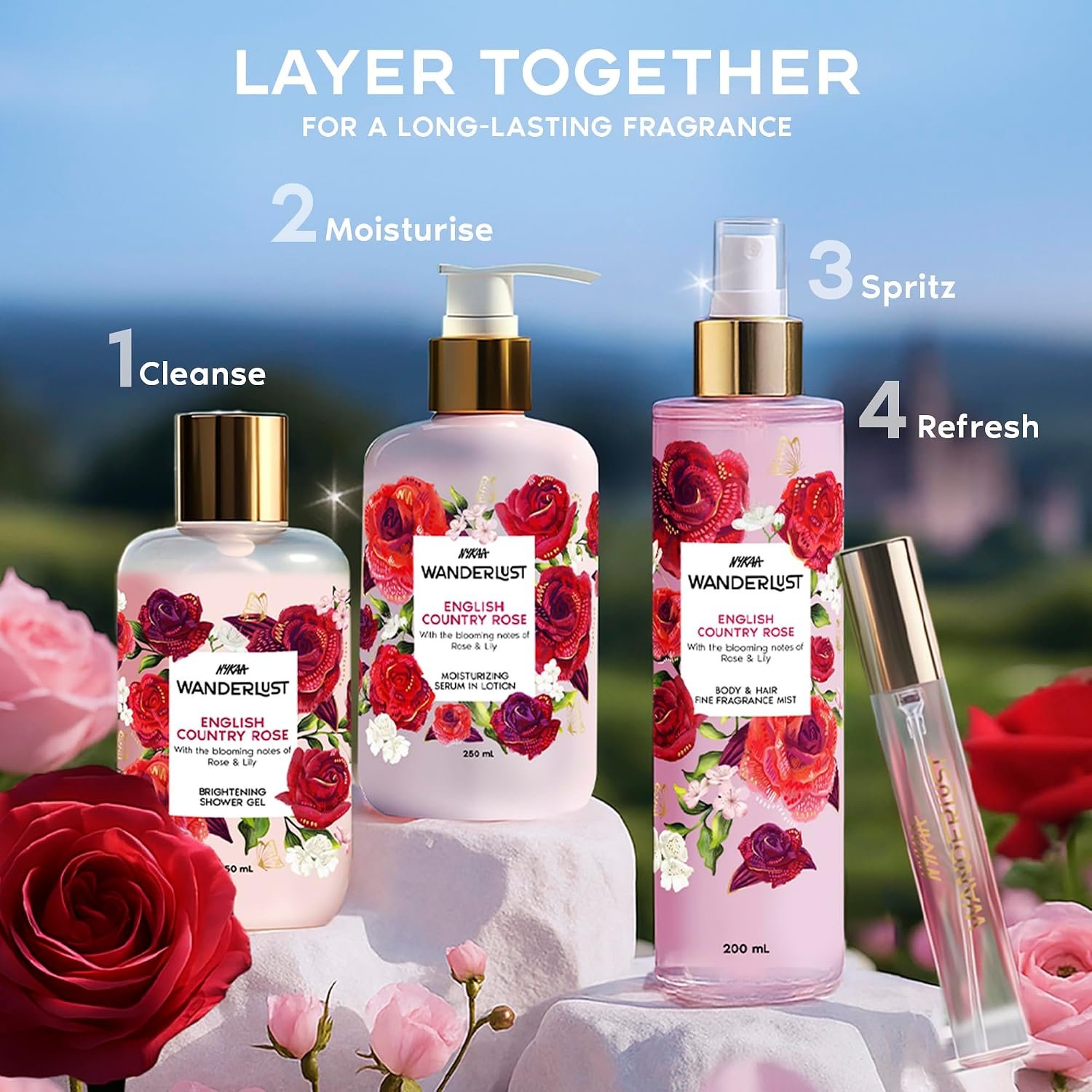 Nykaa Wanderlust English Country Rose Floral Perfume Body Wash, Rose & Lily, Vitamin E & Glycerine, Hydrating Shower Gel for Smooth & Soft Skin, Long-lasting Fragrance, No Paraben thumbnail