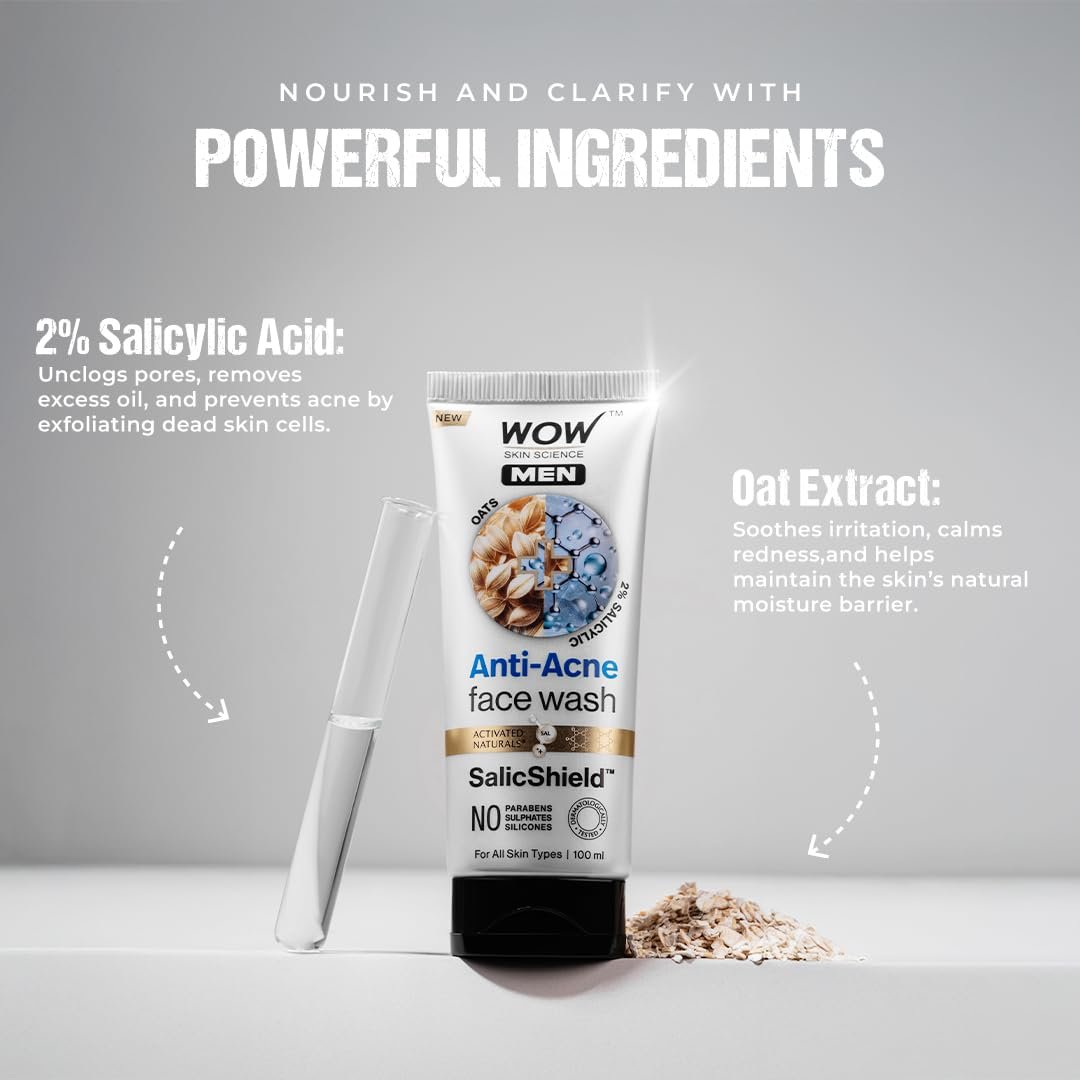 WOW Skin Science MEN OAT EXTRACT + 2% SALICYLIC ACID Anti-Acne Face Wash | Targets Acne & Prevents Breakouts | SalicShield™ Technology | No Sulphates, Parabens or Silicones | 100ml thumbnail