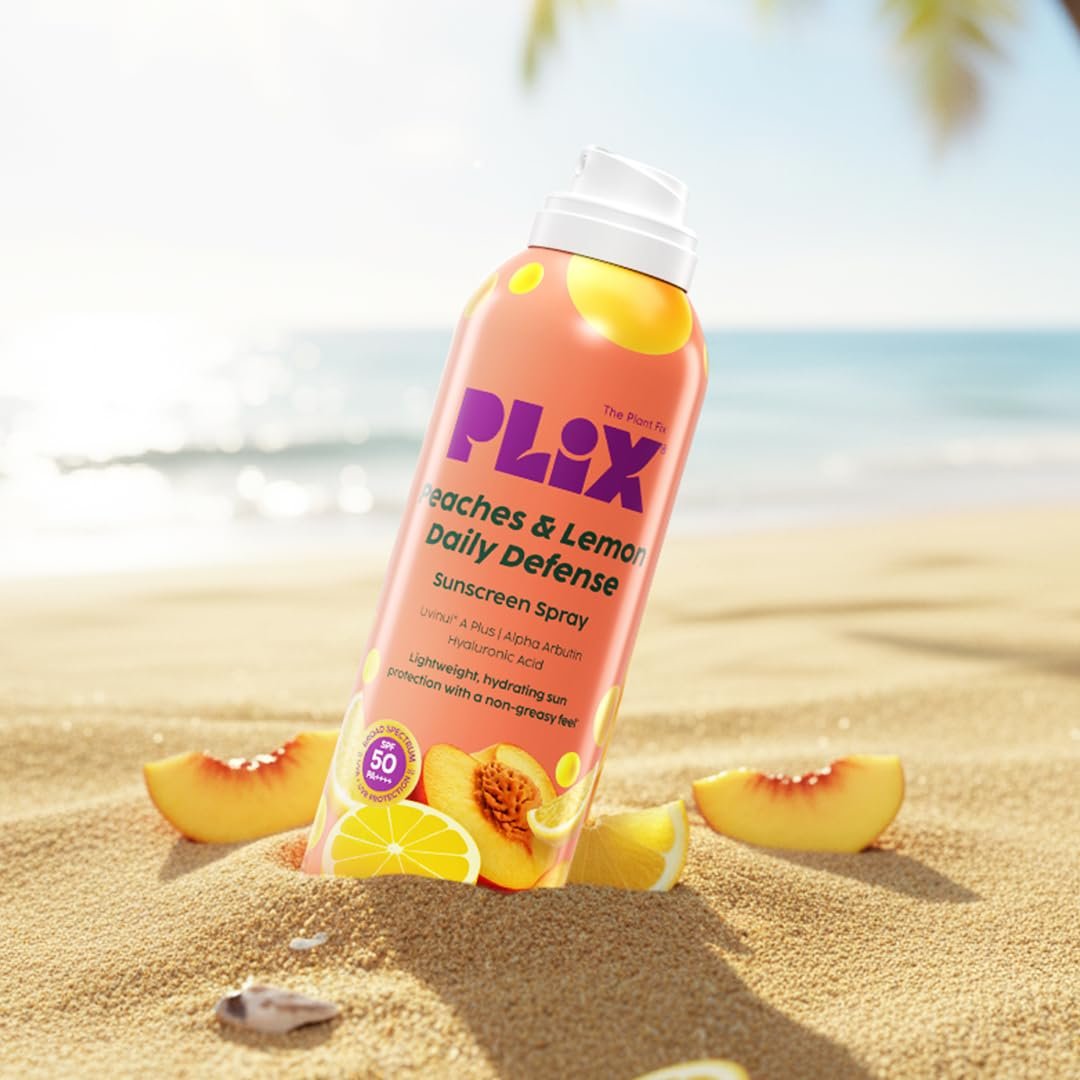 PLIX THE PLANT FIX Peaches & Lemon Daily Defence Sunscreen Spray With New-Age UV Filters | In Vivo Tested SPF 50 PA++++ | Lightweight Body Sunscreen Spray thumbnail