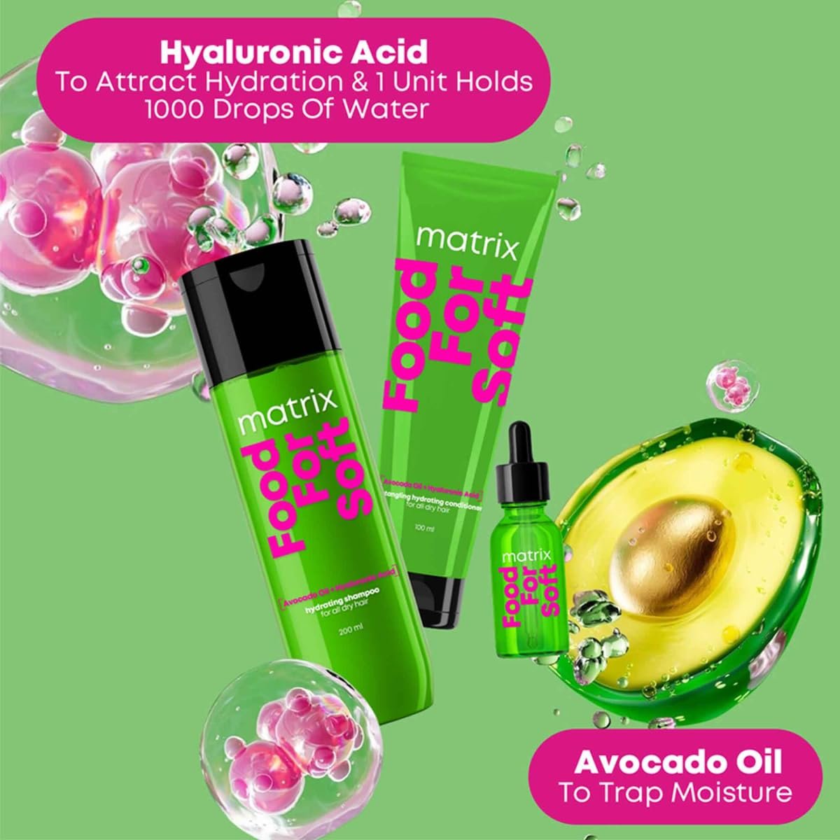 Matrix Professional Food For Soft Hydrating Shampoo Conditioner Serum Combo For Dry, Dehydrated Hair|5x More Hydration|3 Days Of Softness|With Hyaluronic Acid & Avocado Oil (200ml+100ml+30ml thumbnail