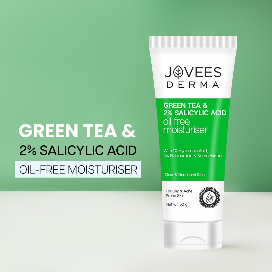 Jovees Derma Green Tea Light Moisturizer | With 1% Hyaluronic & 4% Niacinamide | Fights Pimples & Hydrates | Fades Dark Spots & Brightens Skin | Non-Sticky Moisturizer | 50g thumbnail