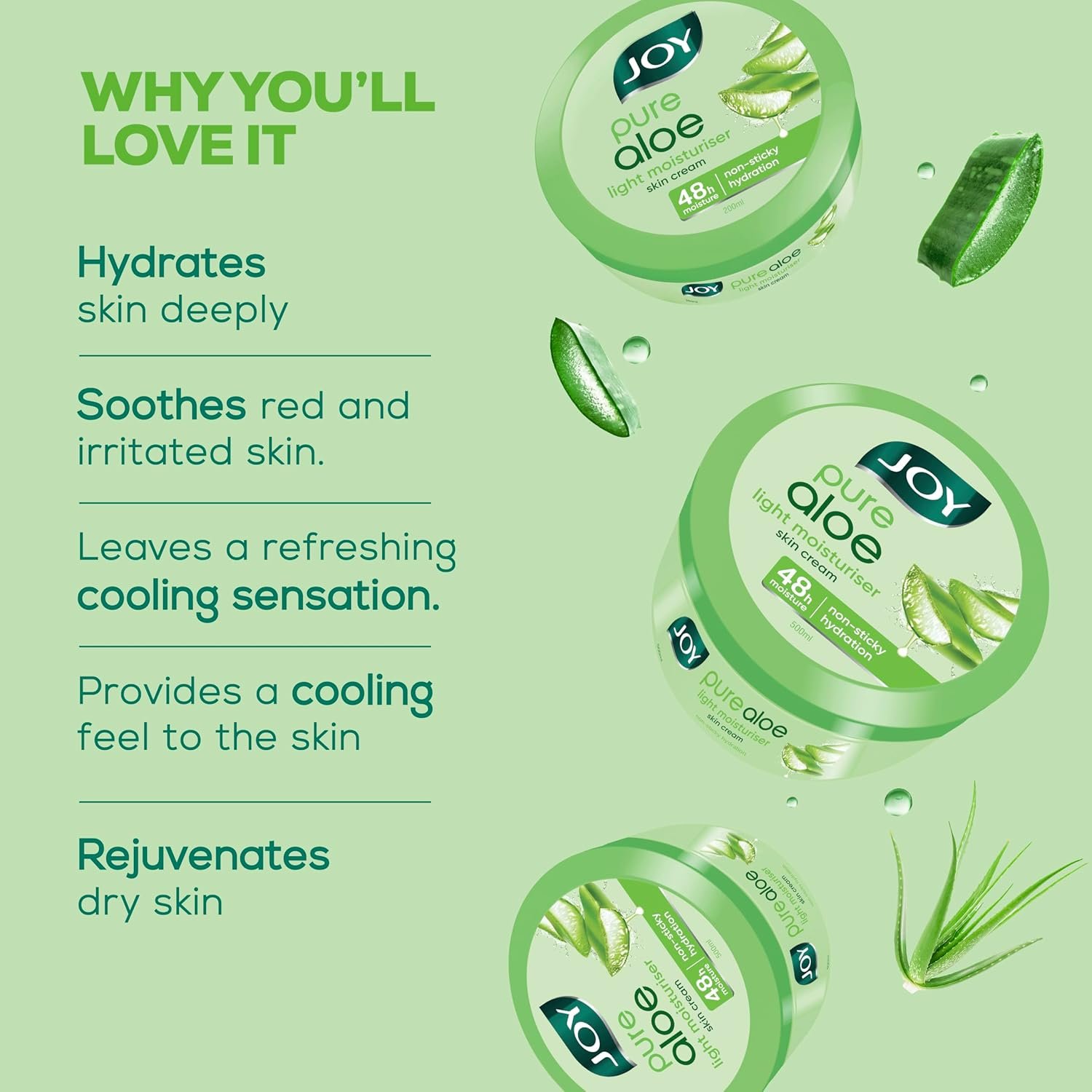 Joy Pure Aloe Light Moisturiser Skin Cream for Face, Hands & Body (500ml) | 48H Hydration | Non-Sticky | Soothing, Brightening & UV Protection | For Dry to Oily Skin thumbnail