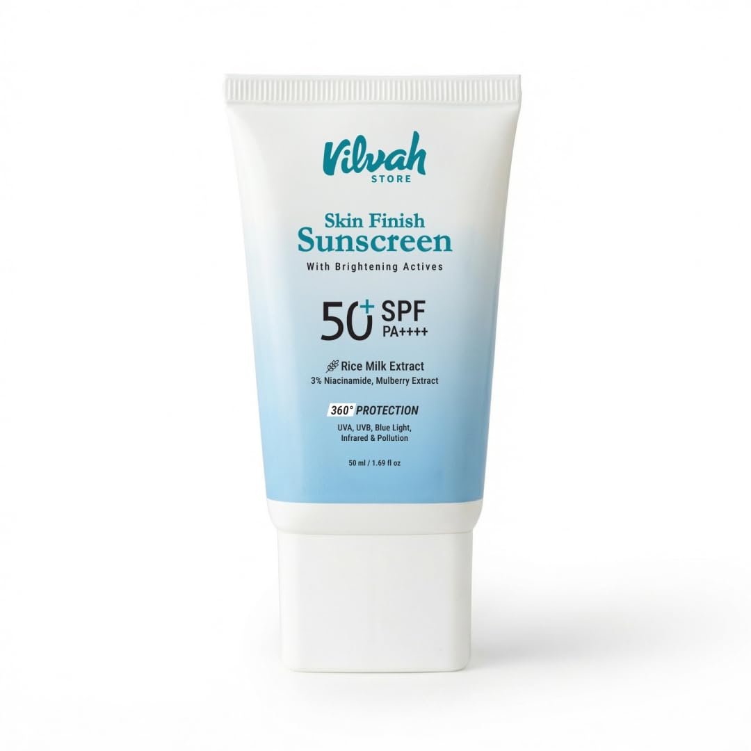 Vilvah Skin Finish Sunscreen SPF 50 PA++++ | No White Cast, Water-Resistant Sunscreen | Hydrating, Lightweight, Non-Greasy | UVA & UVB Protection with Natural UV Filters & Rice Milk |  50g