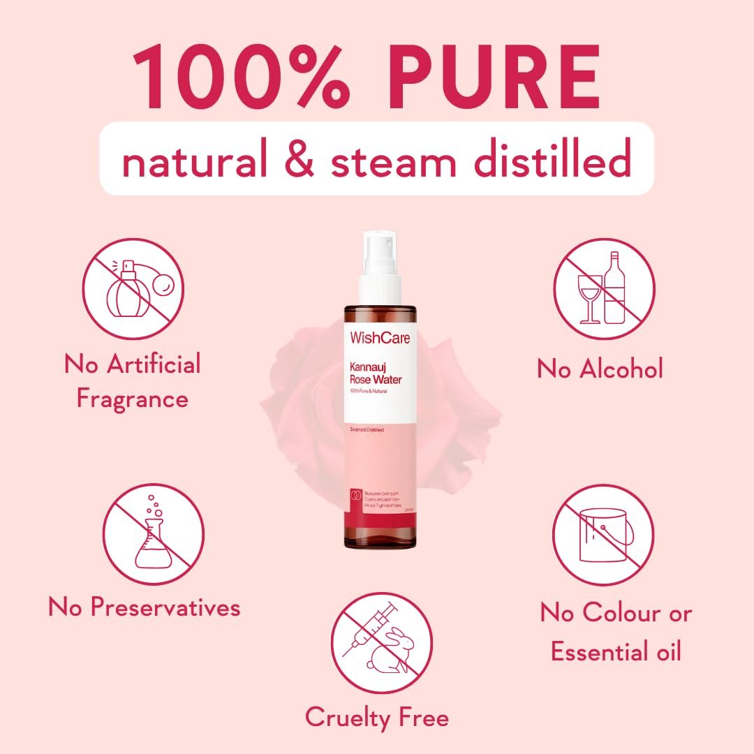 WishCare 100% Pure & Natural Rose Water For Face, Skin & Hair - Rose Water Toner for Glowing Skin - Free from Paraben & Alcohol 200ml thumbnail