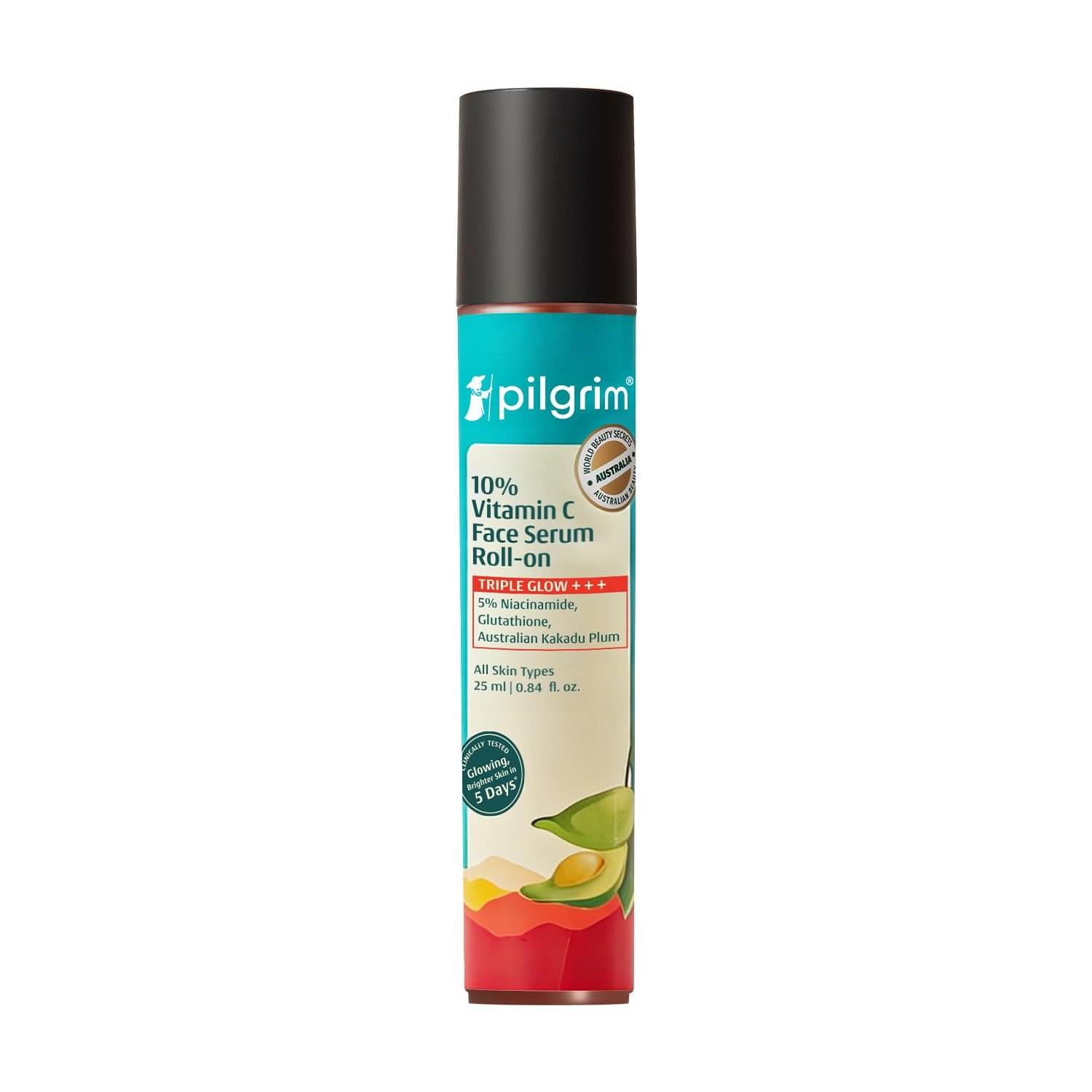 Pilgrim 10% Vitamin C Face Serum Roll On for Bright & Glowing Skin 25 ML 5% Niacinamide & Glutathione, Brightening, Fades Dark Spots & Evens, Dullness, Sensitive Skin Safe, Oil Free, All Ski
