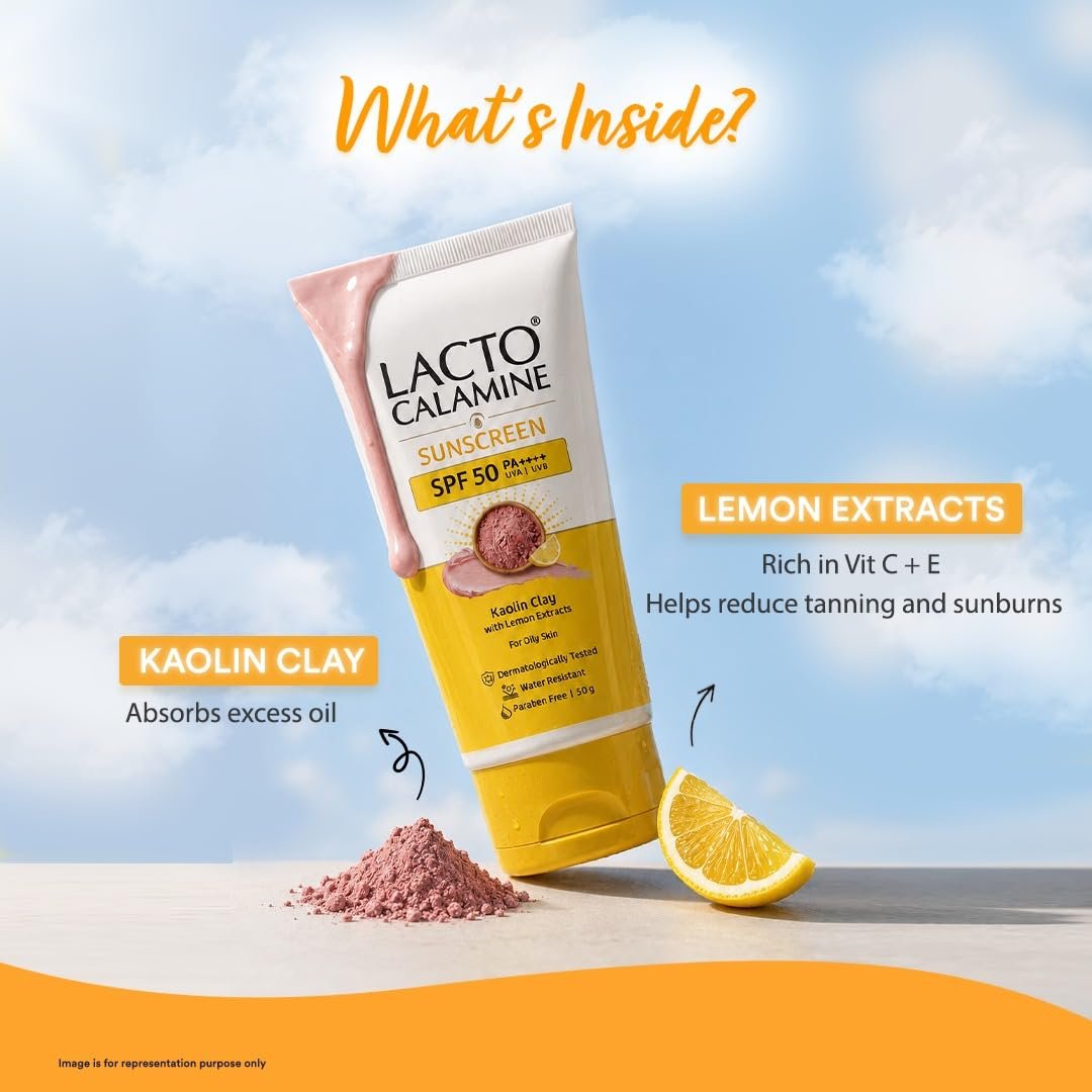 Lacto Calamine Light Weight Sunscreen SPF50 | PA++++ | Broad Spectrum Protect | For all skin types, Water Resistant, With Kaolin Clay & Lemon Extract, For Face & Body | 100g thumbnail