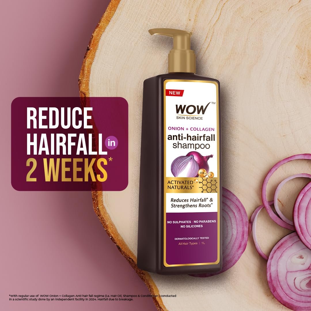 WOW Skin Science Onion + Collagen Anti-Hairfall Shampoo| Controls Hair fall | Helps Strengthen Hair | No Sulphate No Paraben | For Men & Women - 1ltr thumbnail