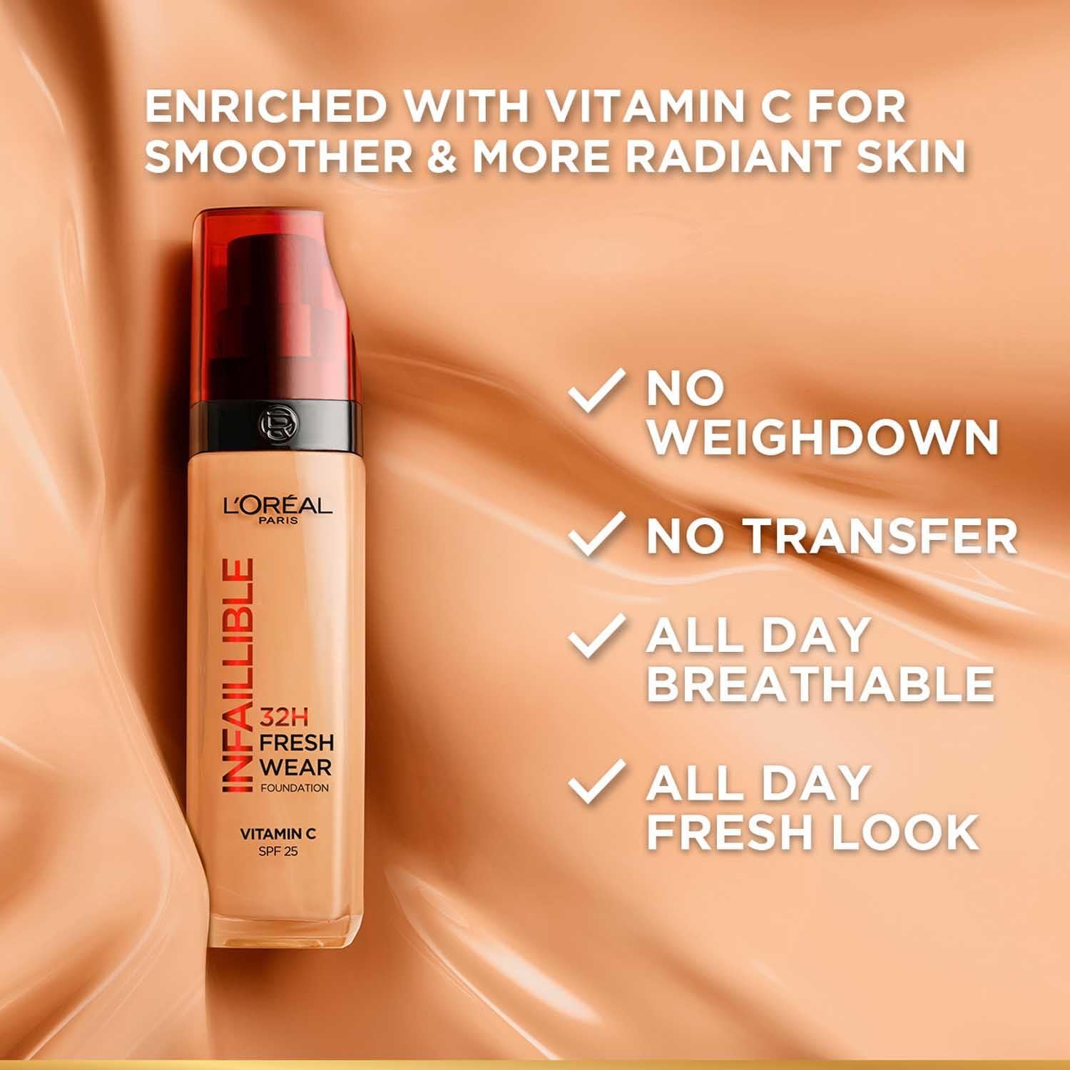 L'Oreal Paris Infallible 32H Fresh Wear Liquid Fdt, 220 Sand 32H Fresh Wear Liquid Foundation, Transfer-Proof, Sweat-Proof, Lightweight Breathable Texture, Full Coverage, Vitamin C thumbnail