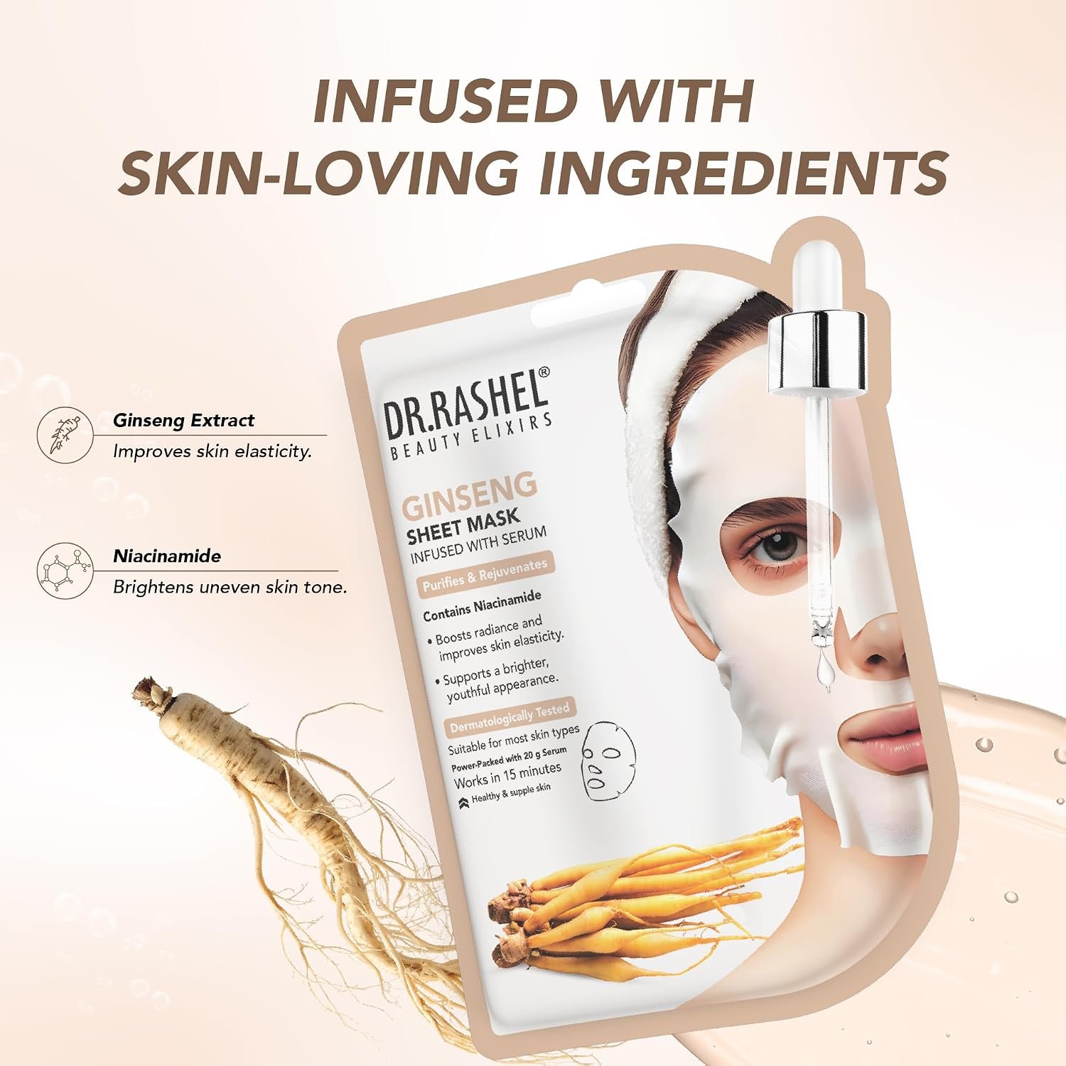 DR.RASHEL Ginseng Face Sheet Mask Gift Set With Serum For Women & Men | Deep Hydration & Moisturization | Healthy & Radiant Skin | Soft & Smooth Skin | Paraben Free | Pack Of 4 | 20 Grams Ea thumbnail
