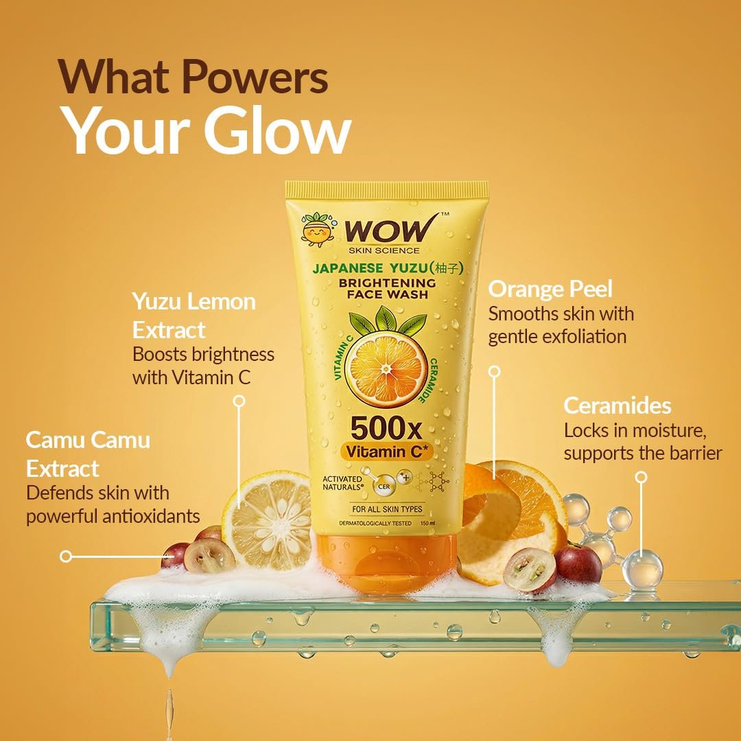 WOW Skin Science Japanese Yuzu + Vitamin C with Ceramide Brightening Face Wash | 500x Vitamin C | For Strengthened Glowing Skin | Paraben-Free Gentle Cleanser with Orange Peel & Camu Camu | thumbnail