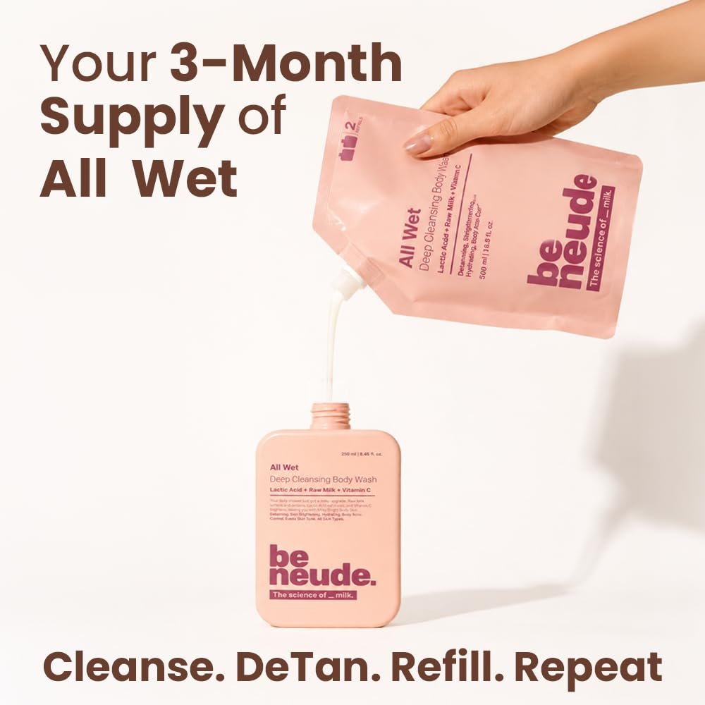 All Wet 500ml De-Tan Body Wash Refill Pack with Milk, Lactic Acid, Vitamin C for Skin Brightening, Dark Spot & Pigmentation Reduction; Deep Cleansing Shower Gel Prevents Dryness & Body Acne thumbnail