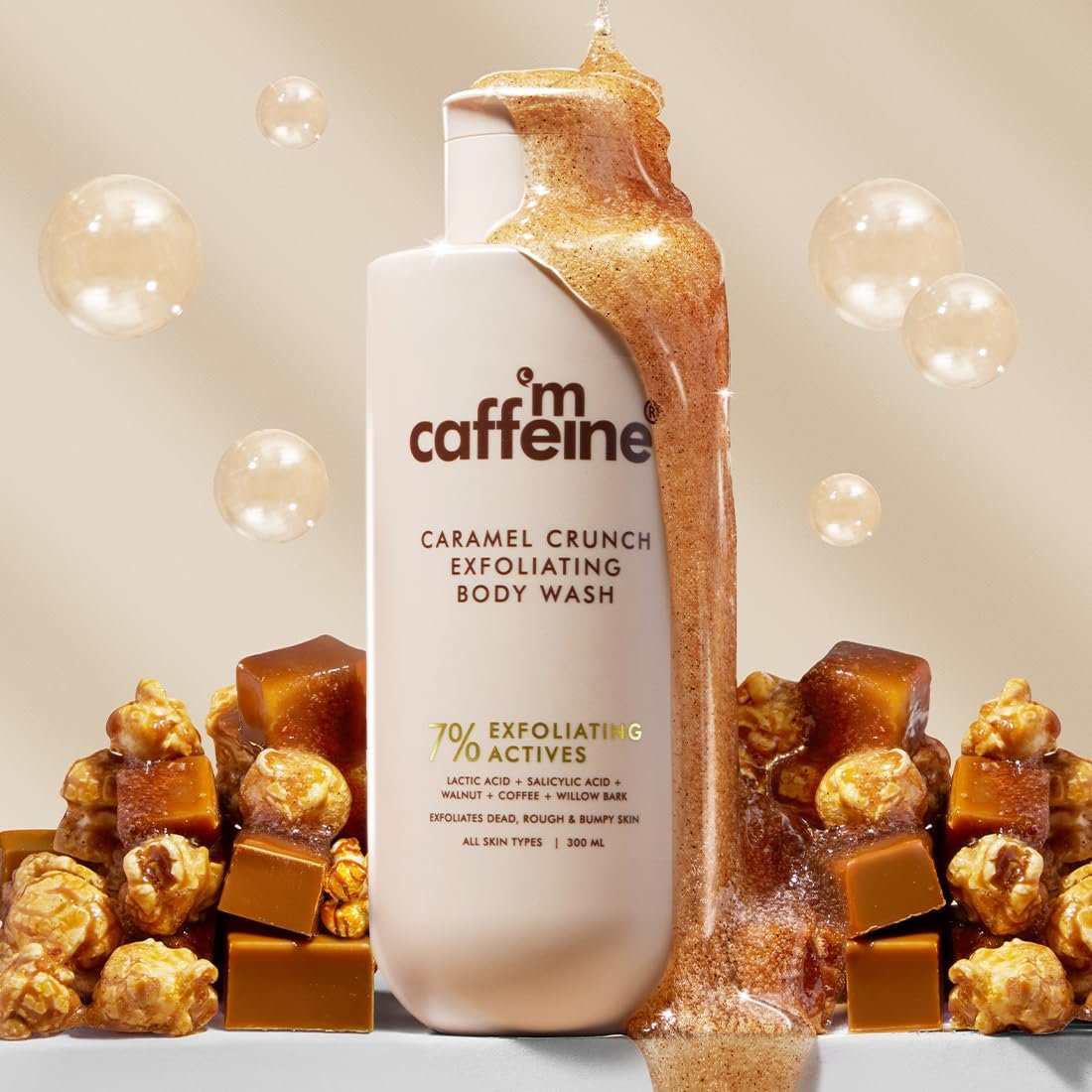 mCaffeine 7% Exfoliating Body Wash 300ml | 1% Salicylic & 2% Lactic Acid |  Reduces Body Acne & Ingrown Hair | Smooth, Hydrated Skin | Sweet Caramel Shower Gel for Women & Men thumbnail