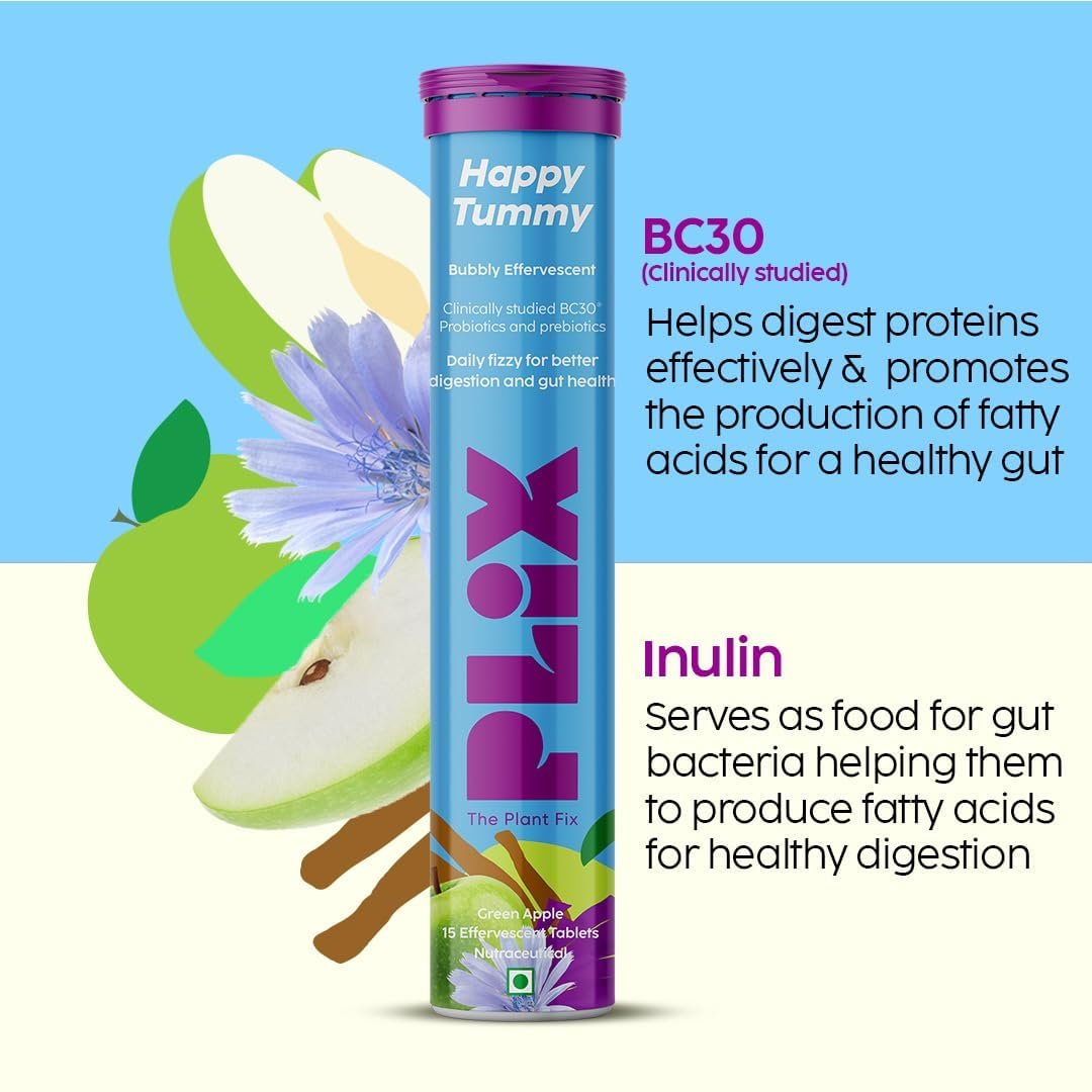 PLIX - THE PLANT FIX Happy Tummy Pre+Probiotic 15 Effervescent Tablets For Good Gut,Digestion,Metabolism With 20 Billion Cfus,Vital Probiotic Strains,Pack Of 2 (Green Apple),2 Count,15 Capsu thumbnail
