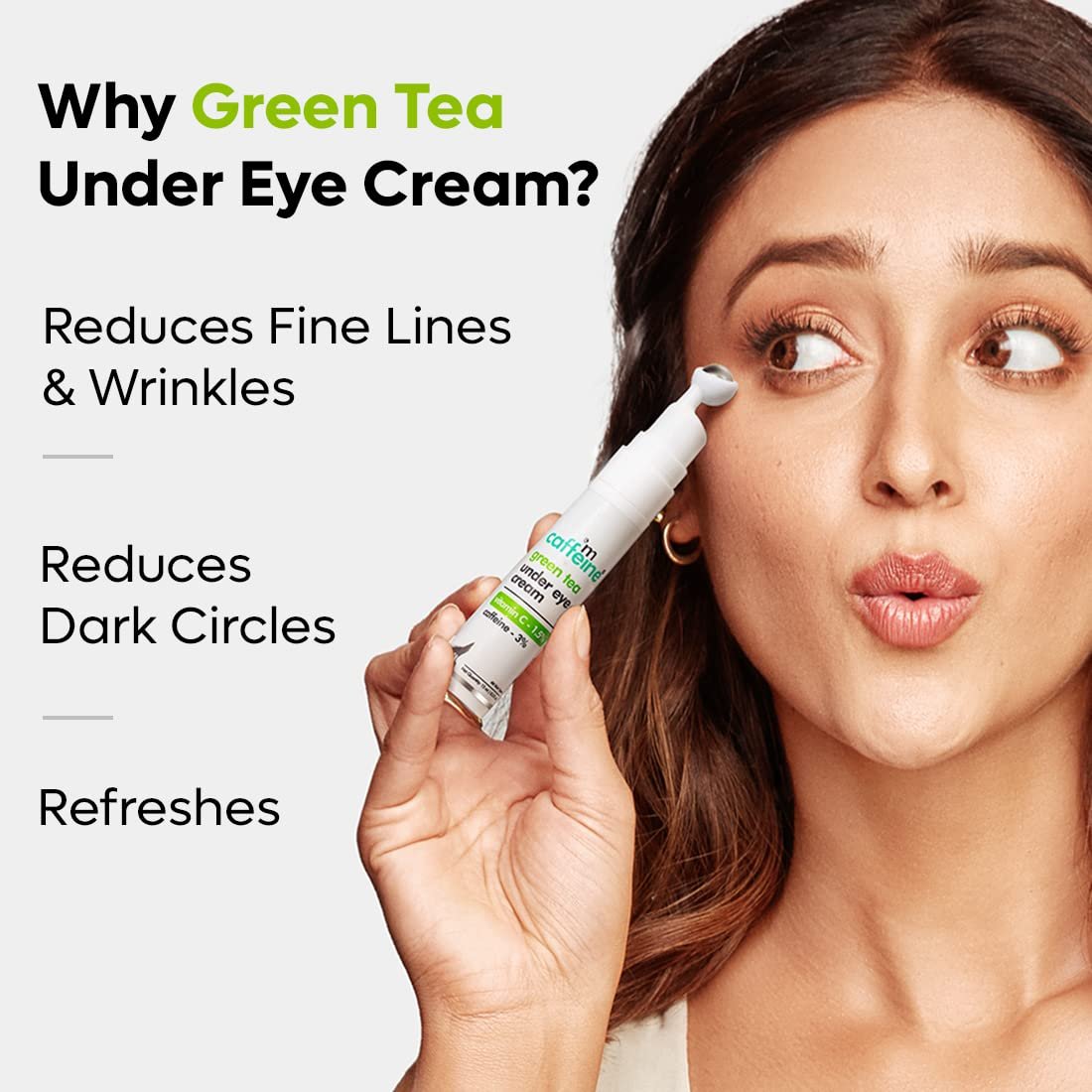 mCaffeine Green Tea Under Eye Cream to Reduce Fine Lines, Wrinkles & Dark Circles | 3% Caffeine, 1.5% Vit C & Peptides to Reduce Puffiness & Refresh Skin | Cooling Gel & Roller  -15 ml thumbnail
