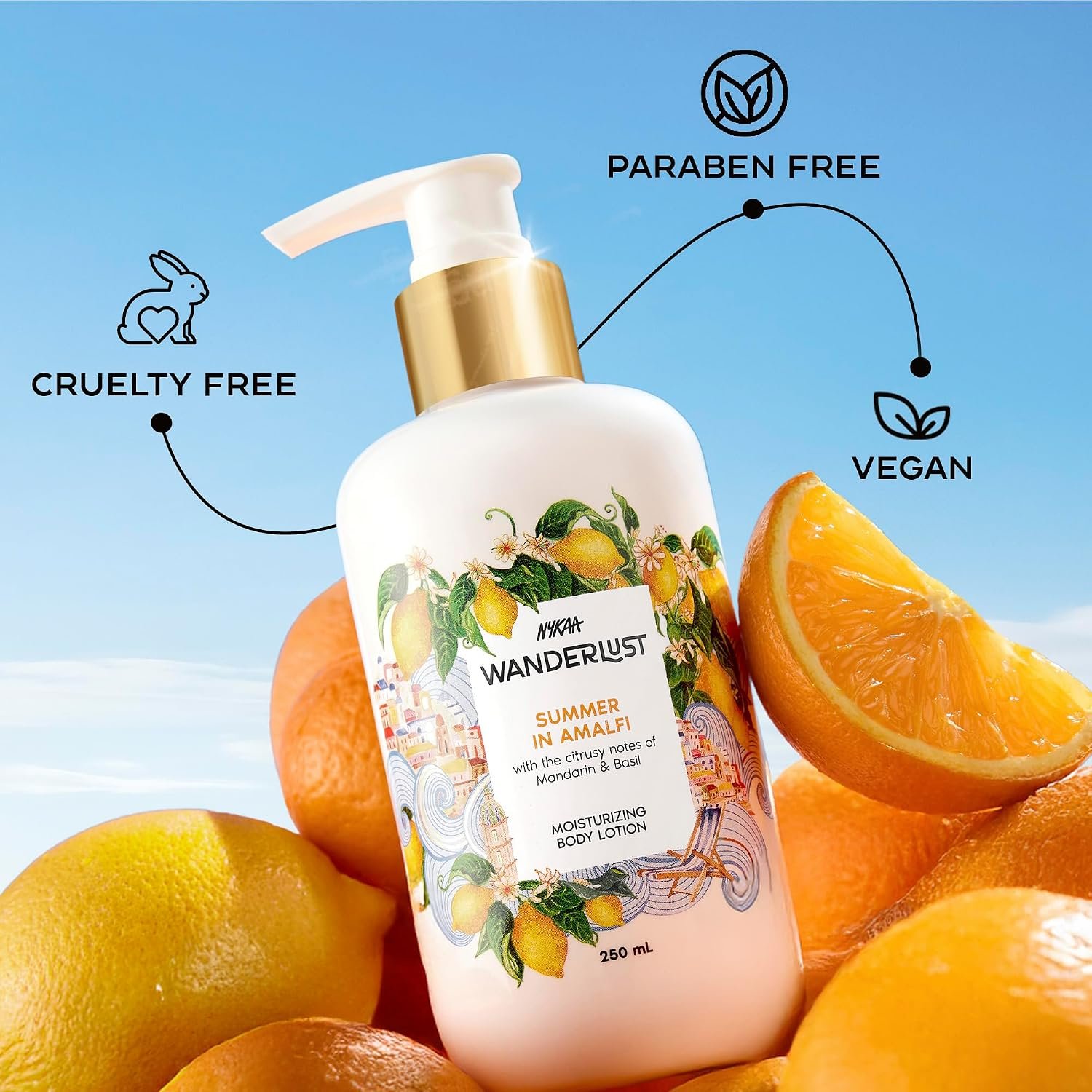 Nykaa Wanderlust Summer in Amalfi Moisturising Body Lotion, 300 ml |Mandarin and Basil Perfume | Lightweight, Long-Lasting Hydration | Vegan, Paraben-Free I Suitable for All Skin Types thumbnail