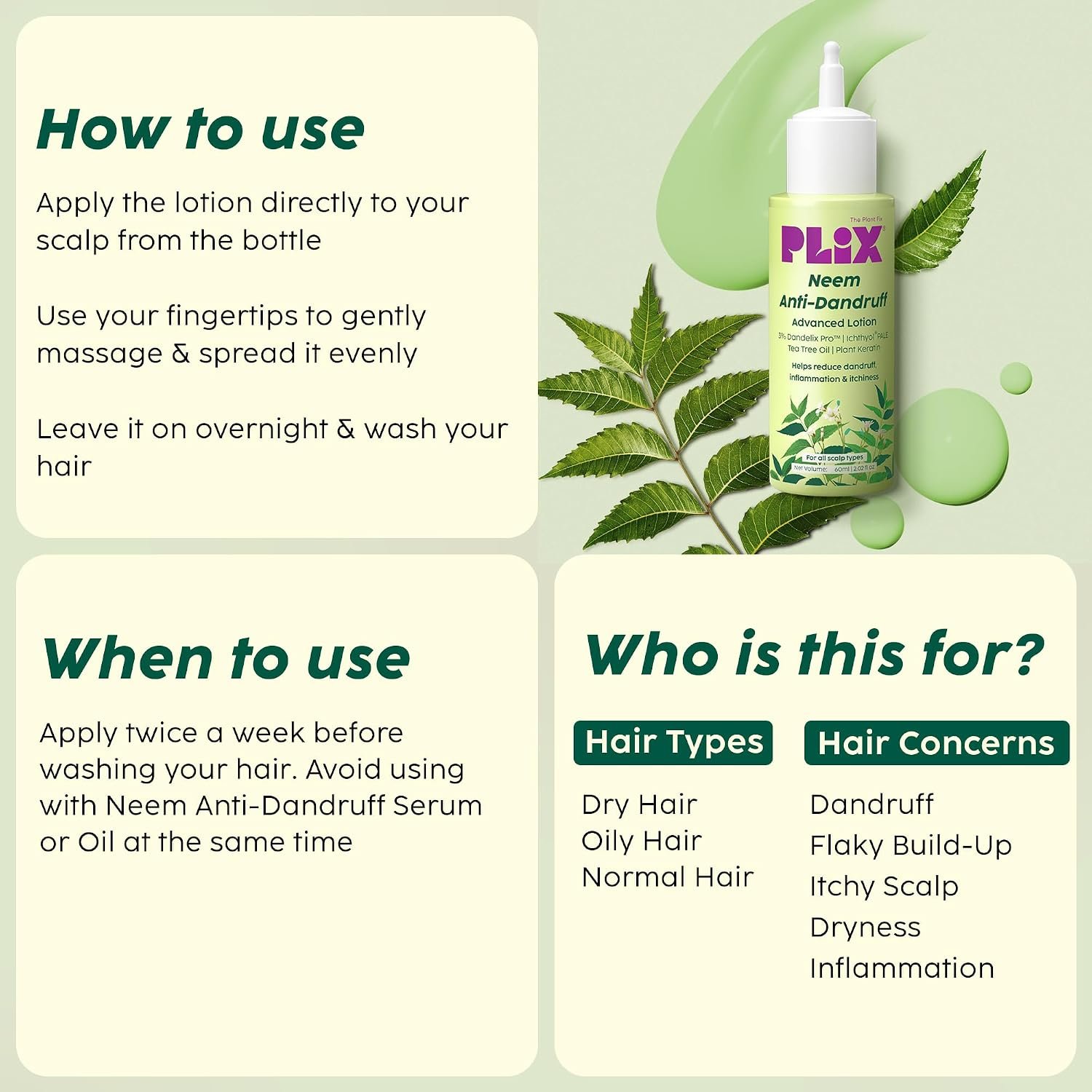 The Plant Fix Plix Neem Anti-Dandruff Advanced Lotion | Reduce Dandruff, Itching & Irritation | With Dandelix Pro & Ichthyol PALE | Paraben & Sulphate Free | Unisex (60ml) thumbnail