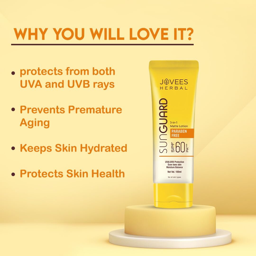Jovees Herbal Sun Guard Sunscreen Lotion SPF 60 Pa+++ Broad Spectrum For All Skin | 3 In 1 Matte Sunscreen Lotion UVA/UVB Protection, Moisture Balance, Even Tone Skin | For Women & Men 100g thumbnail