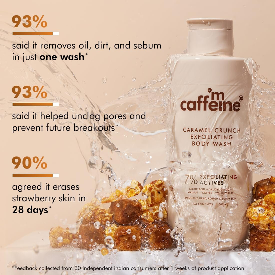 mCaffeine 7% Exfoliating Body Wash 300ml | 1% Salicylic & 2% Lactic Acid |  Reduces Body Acne & Ingrown Hair | Smooth, Hydrated Skin | Sweet Caramel Shower Gel for Women & Men thumbnail