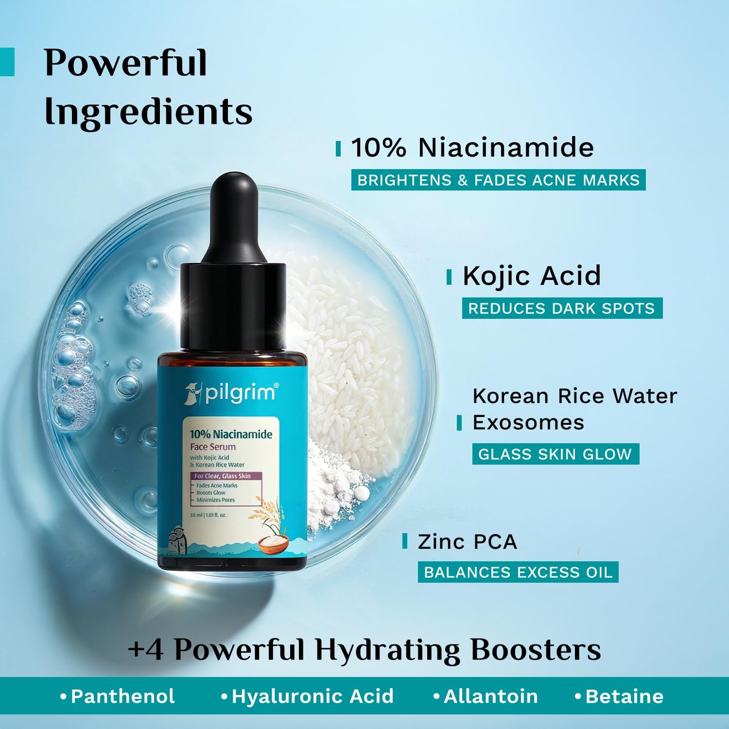 Pilgrim 10% Niacinamide Face Serum for Acne Marks & Glass Skin Glow - 30ml with Kojic Acid & Korean Rice Water, Fades Dark Spots, Boosts Glow, Minimizes Pores, Controls Excess Oil, Sensitive thumbnail