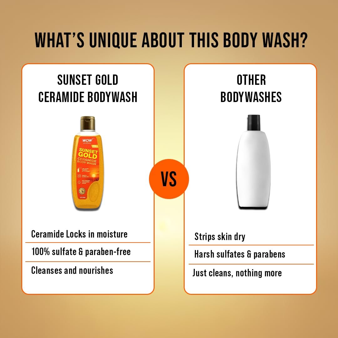 WOW Skin Science Sunset Gold� Ceramide Body Wash | Ceramide for Deep Hydration & Skin Barrier Support | Ubtan with Turmeric & Saffron for Glow | 12-Hour Fragrance with Cerabloom� | 275 ml thumbnail