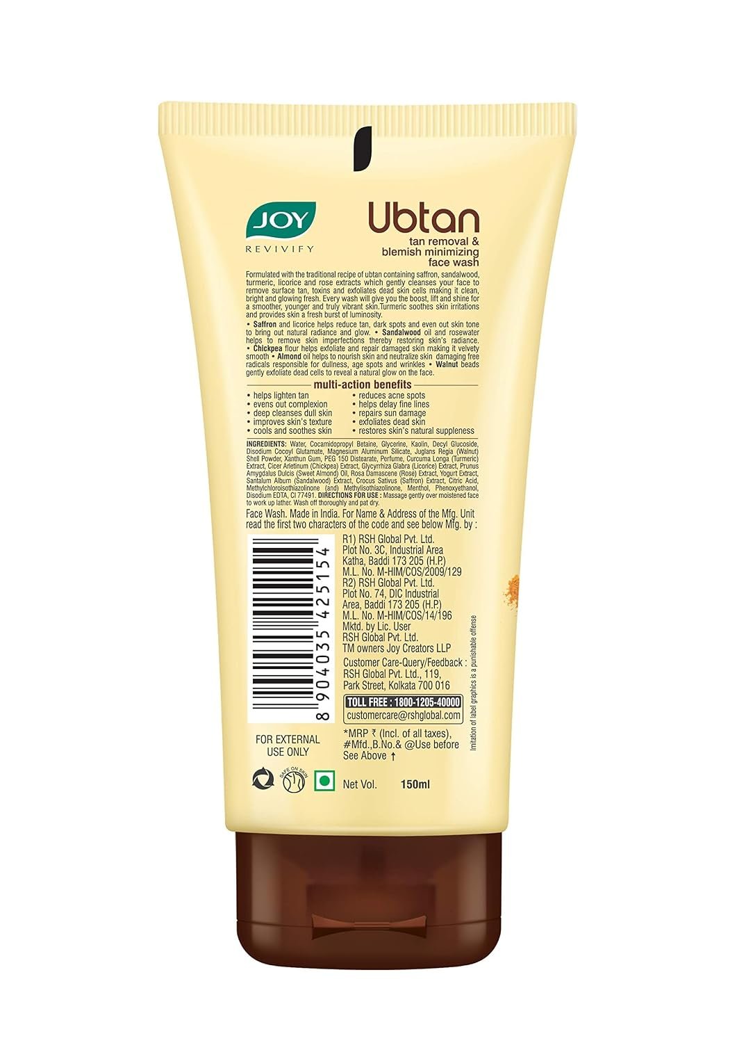Joy Ubtan Tan Removal Face Wash 150ml | Detan Facewash | Brightens, Removes Dirt & Blemishes for a Natural Glowing Skin | Enriched With Turmeric, Saffron & Sandalwood | thumbnail