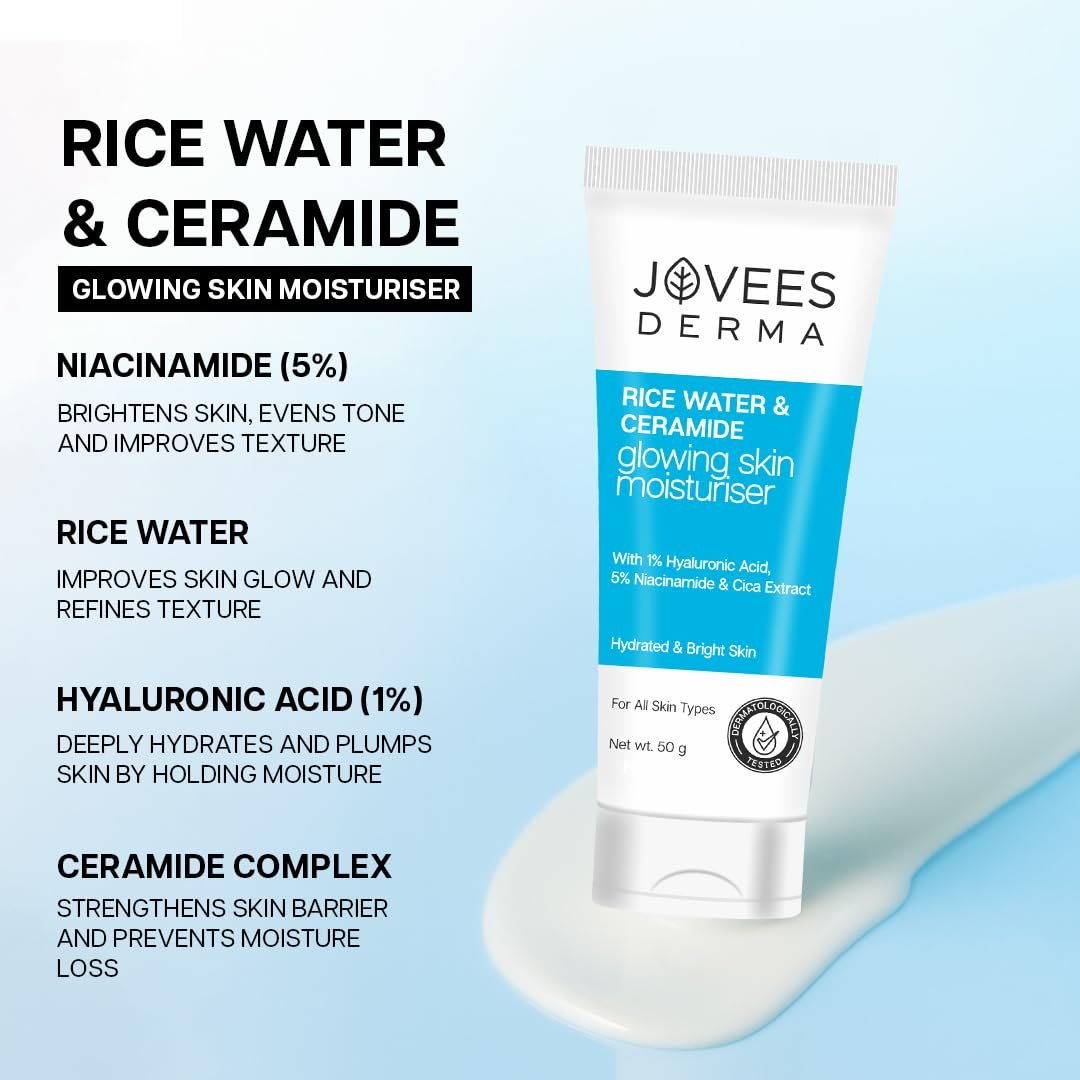 Jovees Derma Ceramides Moisturizer with Hyaluronic & Rice Water for Intense Moisturizing and Brightens Skin | With Niacinamide & Cica Extract | Barrier Repair Cream | For All Skin Type 50g thumbnail